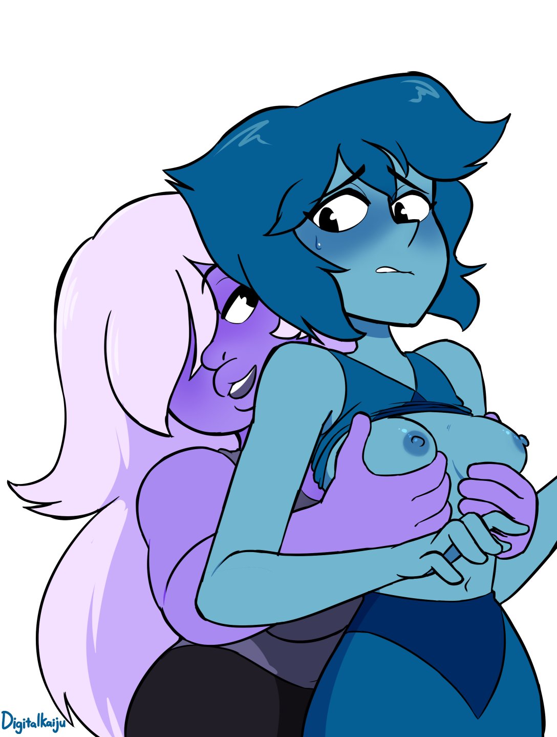 2girls, amethyst (steven universe), areolae, biting lip, blue hair, blue skin, breast grab, breasts, digitalkaiju, female, female only, fondling, grabbing from behind, hair over one eye, lapis lazuli (steven universe), long hair, multiple females, multiple girls, navel, nervous, nipples, pink hair, purple skin, seductive look, shirt up, short hair, smile, steven universe, sweatdrop, white background, yuri