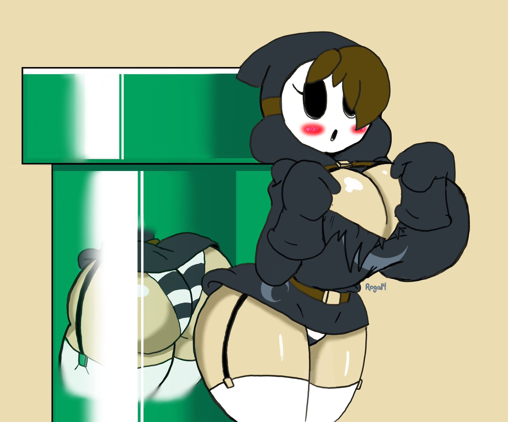1girls, ass, big ass, bimbo, breasts, brown hair, cleavage, cleavage cutout, female, female only, huge ass, huge breasts, huge butt, mario (series), nintendo, panties, reflection, roga14, shimapan, shy gal, solo, solo female, striped panties, super mario bros., thick thighs, underwear, upskirt, wide hips