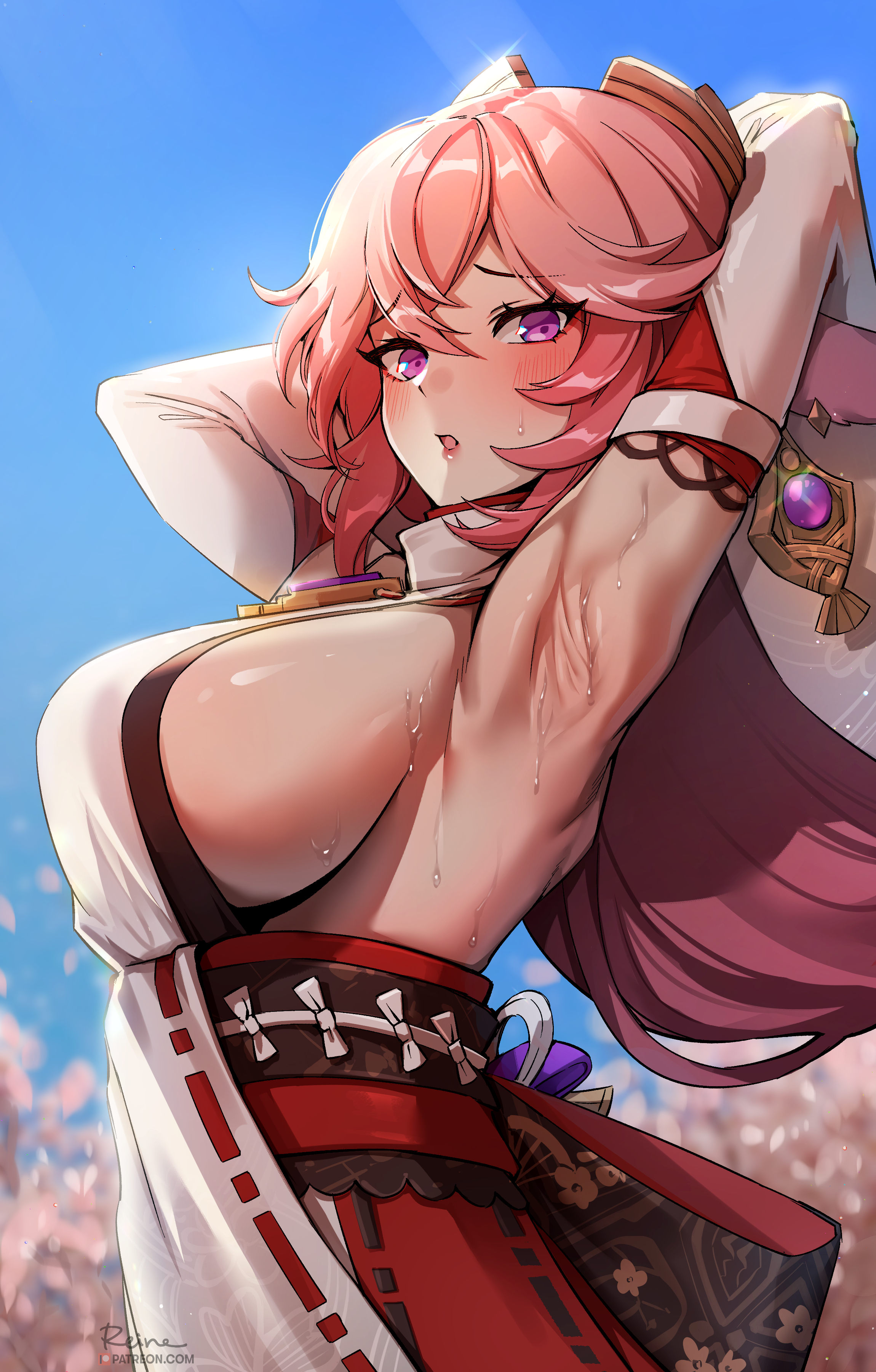 1girls, anime style, arm up, armpit, armpit fetish, armpit sex, armpits, black eyebrows, breasts, clothed female, eyebrows visible through hair, female, female only, foxy rain (foxyreine), foxyrain (foxyreine), foxyreine, genshin impact, large breasts, long hair, looking at viewer, open mouth, pink hair, presenting armpit, purple eyes, sexy armpits, sideboob, sole female, solo, standing, sweat, sweater, sweaty armpits, yae miko