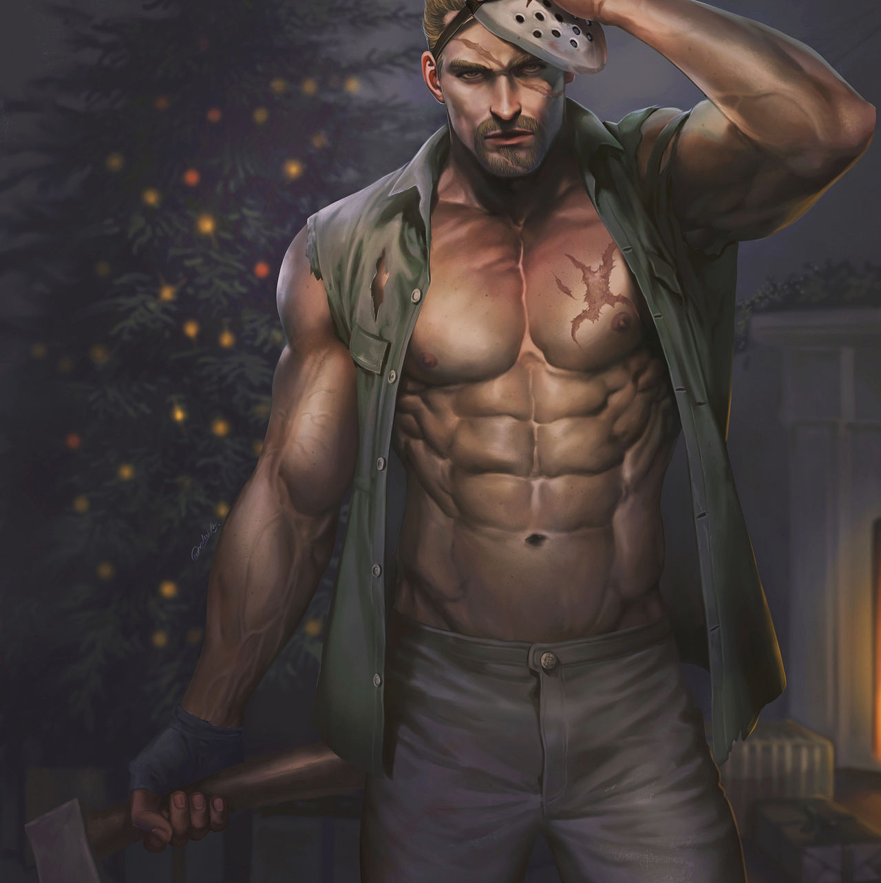 1boy abs absurd_res aenaluck athletic athletic_male audec_(aenaluck) axe bara biceps big_muscles blonde_hair facial_hair facial_scar goatee highres hockey_mask human hunk jacket jason_voorhees_(cosplay) jock male male_nipples male_only manly masculine mature_male muscles muscular_male open_shirt original_character pecs pectorals public ripped_clothing scars smooth_skinned_male softcore solo toned_male veins