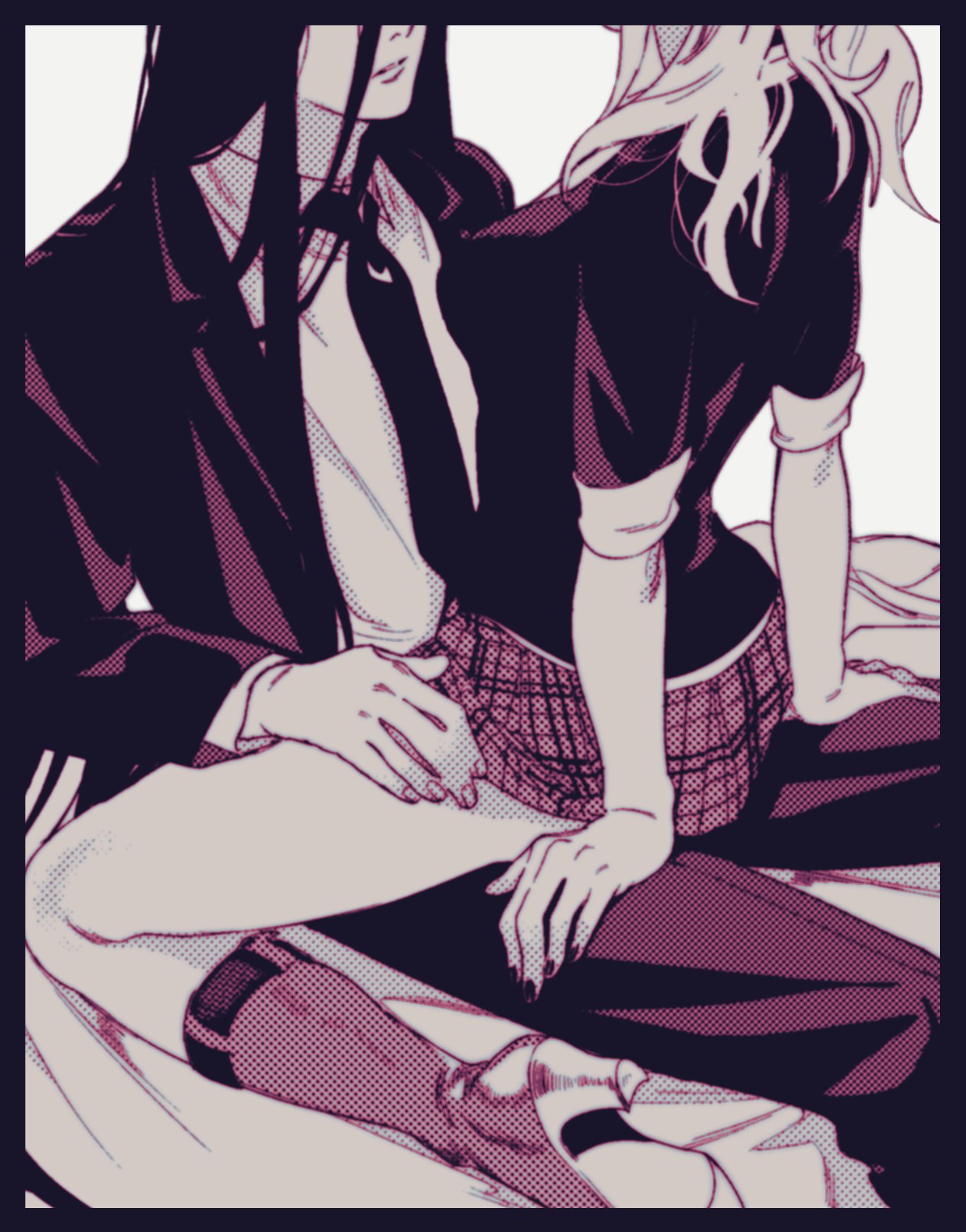 1boy, 1girls, before sex, clothed, danganronpa, danganronpa 3, female, izuru kamukura, junko enoshima, male, male/female, on bed, sitting on lap, skirt, smooth skin, suggestive, suit, tdn ng