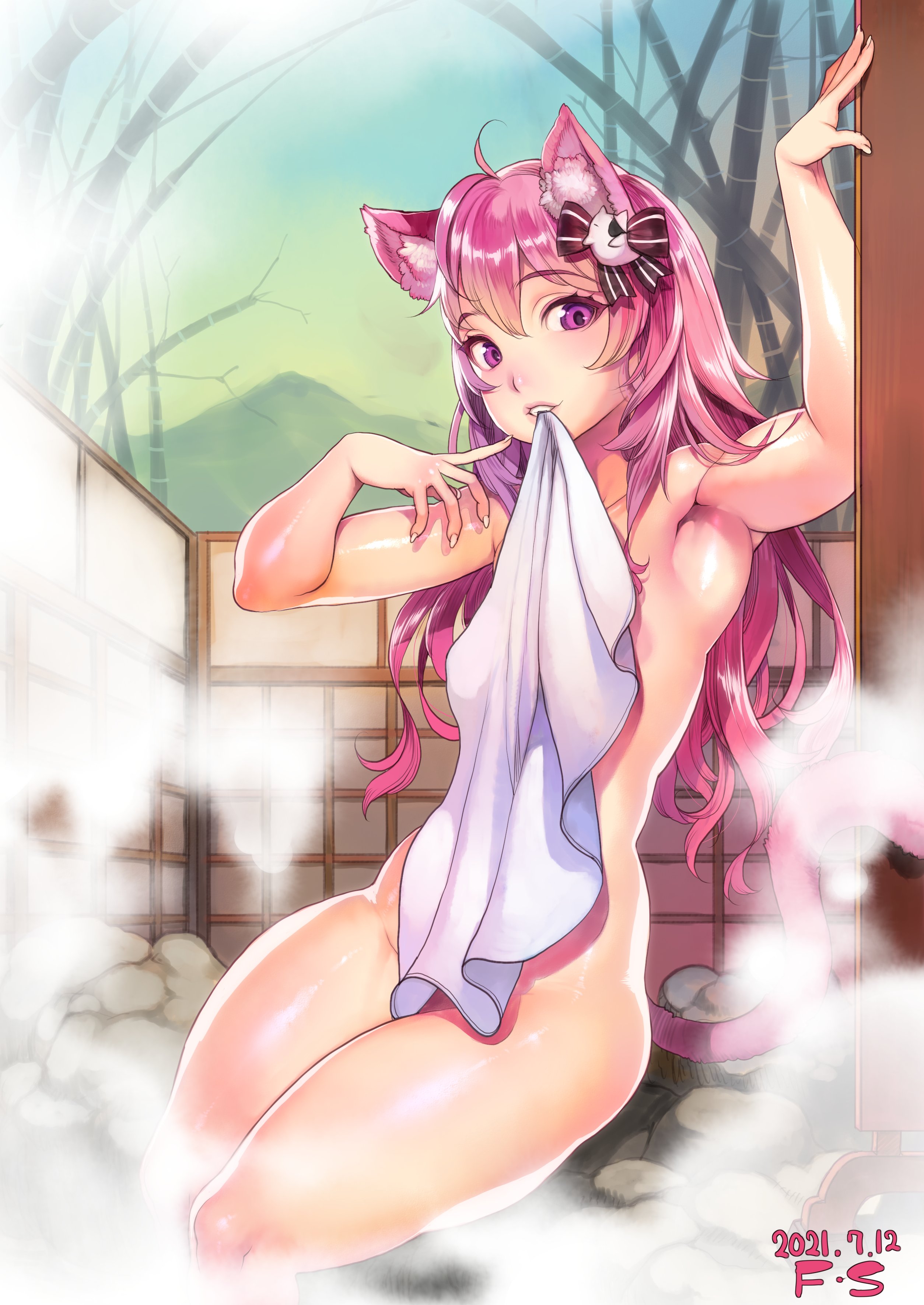 1girls, breasts, cat ears, cat tail, covering, f.s., female, female only, nude, nude female, nyatasha nyanners, pink hair, small breasts, solo, solo female, thick thighs, towel, virtual youtuber, vshojo