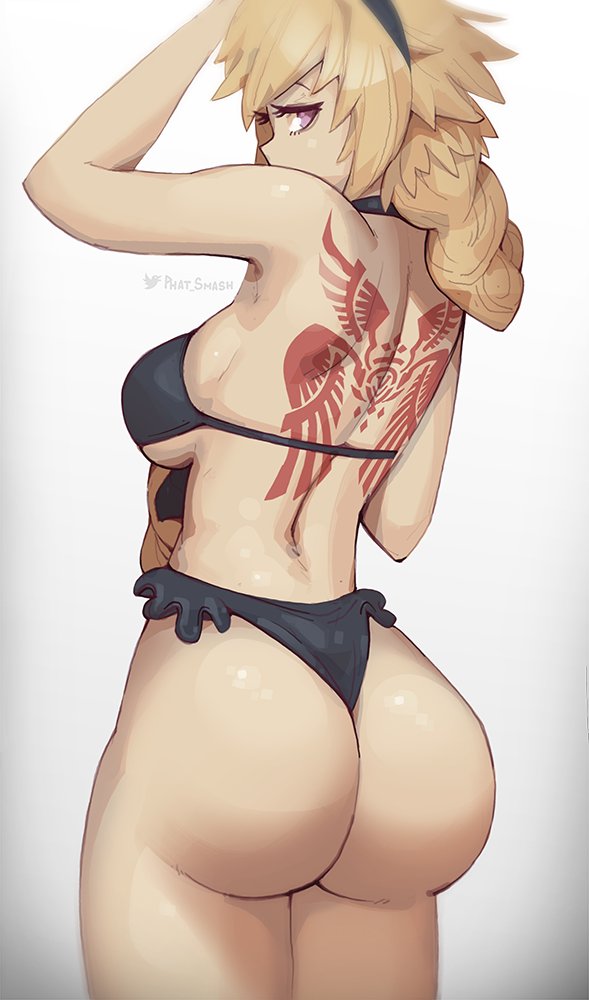 1girls, ass, ass focus, bikini top, blonde, blonde hair, breasts, fate (series), female, female focus, female only, hand above head, hand on head, hands behind head, huge ass, jeanne d'arc (fate), light skin, light-skinned female, looking at viewer, looking back, mostly nude, pale skin, pale-skinned female, phat smash, sideboob, simple background, solo, solo female, solo focus, tattoo, thick thighs, wide hips