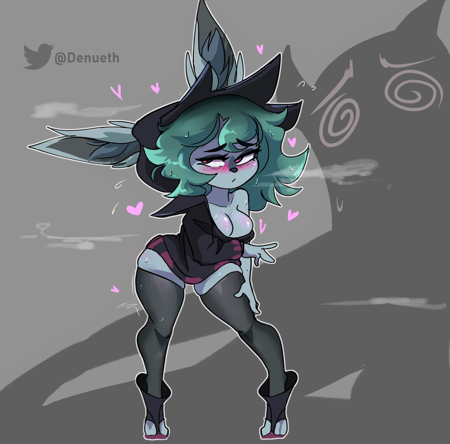 1girls, blush, breasts, cleavage, color, female, female focus, female only, furry, green hair, league of legends, looking away, no pants, purple eyes, rabbit ears, ri denueth, riot games, self upload, shadow (lol), standing, sweat, sweater, thighhighs, trembling, twitter link, vex (league of legends), yordle