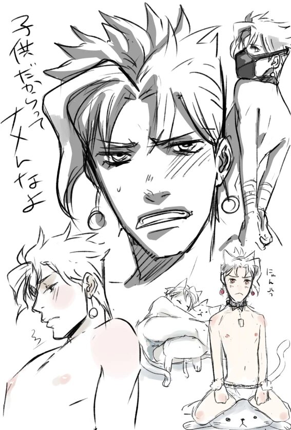 blush cat_ears cat_tail collar cute earrings exposed_nipples face_mask femboy japanese_text jojo's_bizarre_adventure male male_only nipples noriaki_kakyoin open_legs saku_(artist) skinny_male smaller_male solo_male stardust_crusaders tied_up white_hair