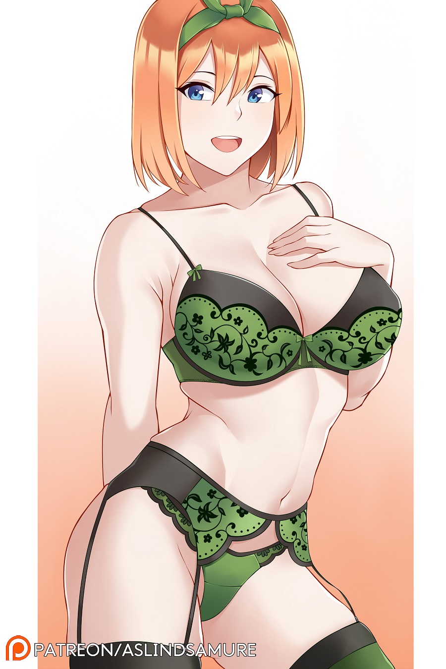 aslindsamure, big breasts, blue eyes, breasts, busty, female, go-toubun no hanayome, huge breasts, lingerie, nakano yotsuba, open mouth, orange hair