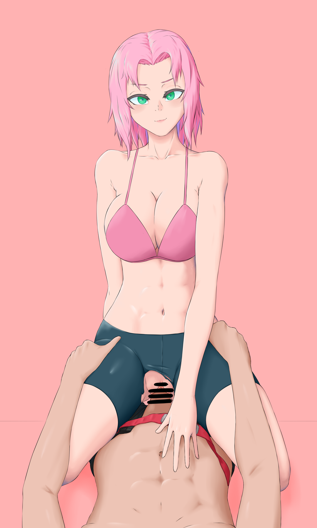 1boy, 1girls, abs, alternate breast size, bare shoulders, big breasts, bike shorts, bra, breasts, censor bar, censored, clothed female nude male, clothed sex, clothing, collarbone, cowgirl position, exposed, exposed pussy, faceless male, female, female focus, female on top, female penetrated, headband, headwear removed, kai-too, light skin, light-skinned female, long hair, looking at viewer, lying, lying on back, male, male penetrating, male penetrating female, male with female, male/female, muscular, muscular male, naruto, naruto (series), naruto shippuden, no panties, no shirt, on back, on top, paipan, pale skin, pale-skinned female, partially clothed, penetration, penis, pink background, plain background, pointless censoring, pussy, ripped clothing, ripped shorts, sakura haruno, shirtless, shirtless (male), shoulder length hair, simple background, straight, underwear, vaginal penetration, vaginal sex