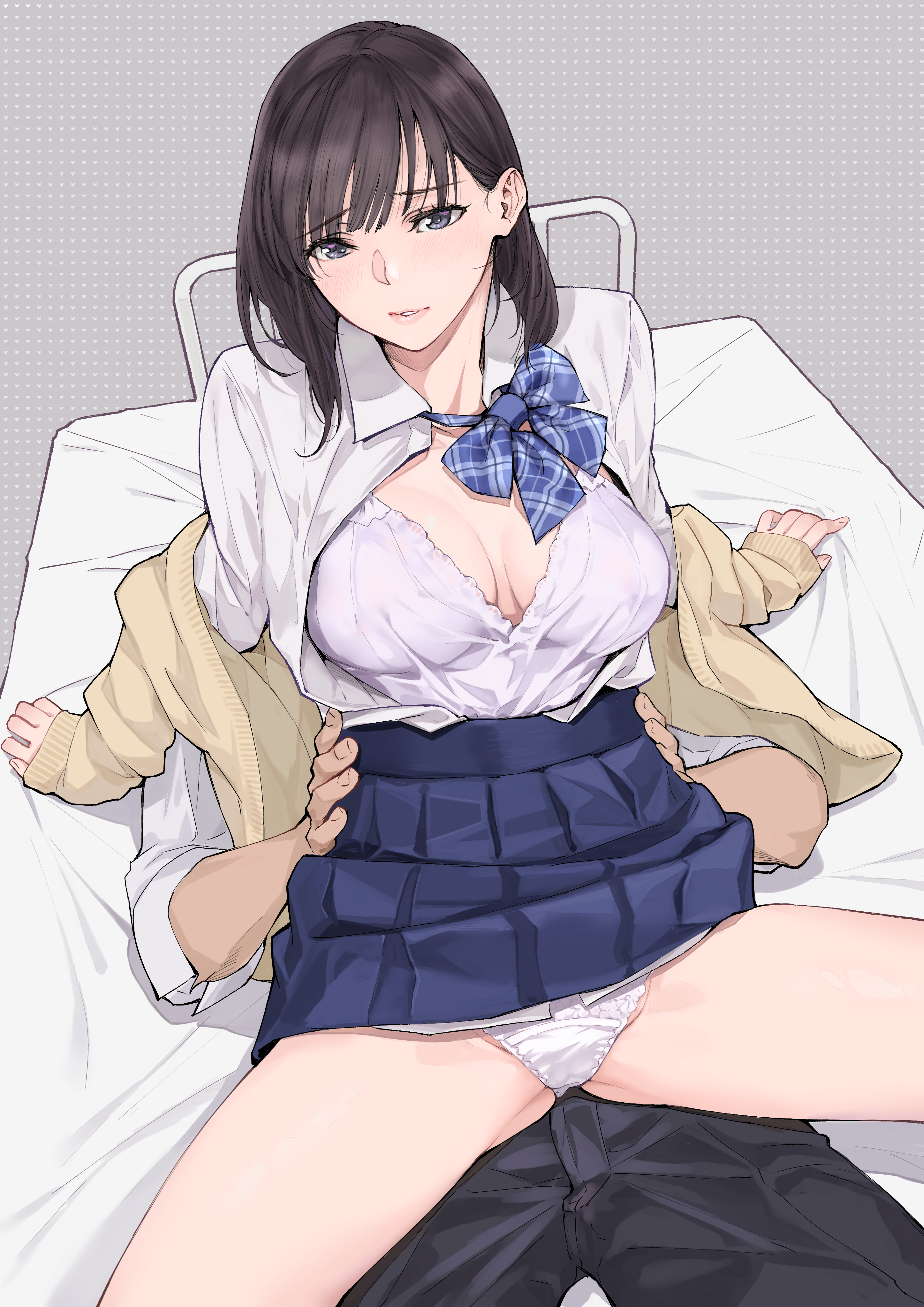 1boy, 1girls, bed, blush, bra, brown hair, cleavage, female, looking at viewer, male, open clothes, original, original character, panties, purple eyes, reverse cowgirl position, school uniform, schoolgirl, white panties, yamaishi108
