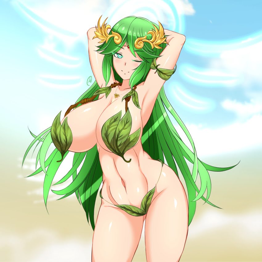 alternate_version_available arms_behind_head bikini green_bikini green_hair kid_icarus lady_palutena leaf_bikini looking_at_viewer mak0h_ nintendo palutena posing smile smiling smiling_at_viewer wink winking winking_at_viewer