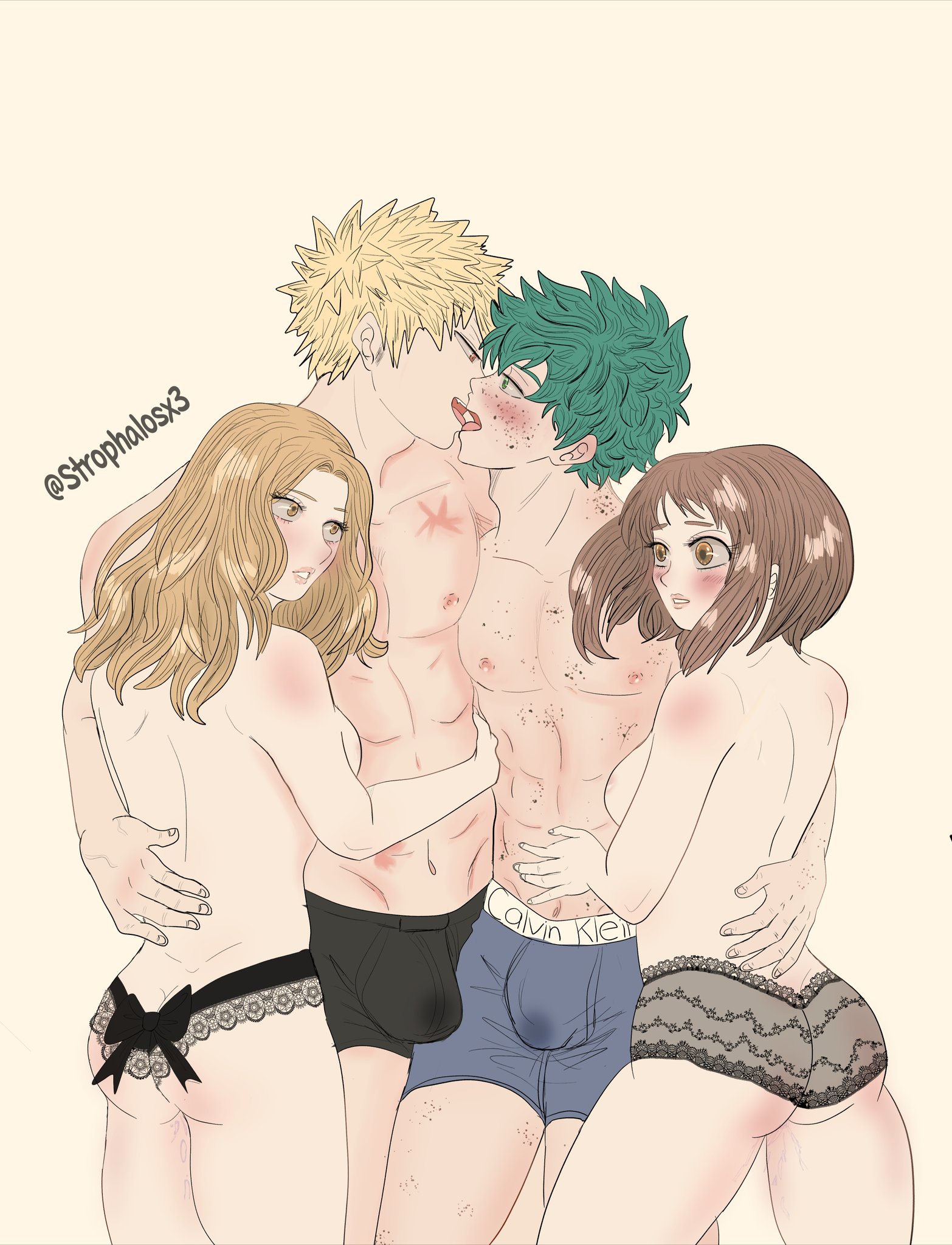 2boys, 2girls, big breasts, big penis, bisexual, bisexual male, blonde hair, blonde-haired female, breasts, brown hair, brown-haired female, bulge, camie utsushimi, female, female supporting yaoi, gay kissing, green hair, group, imminent sex, implied bisexual, implied yuri, izuku midoriya, katsuki bakugou, kissing, male, male/female, my hero academia, ochako uraraka, penis, spiky hair, strophalosx3, yaoi