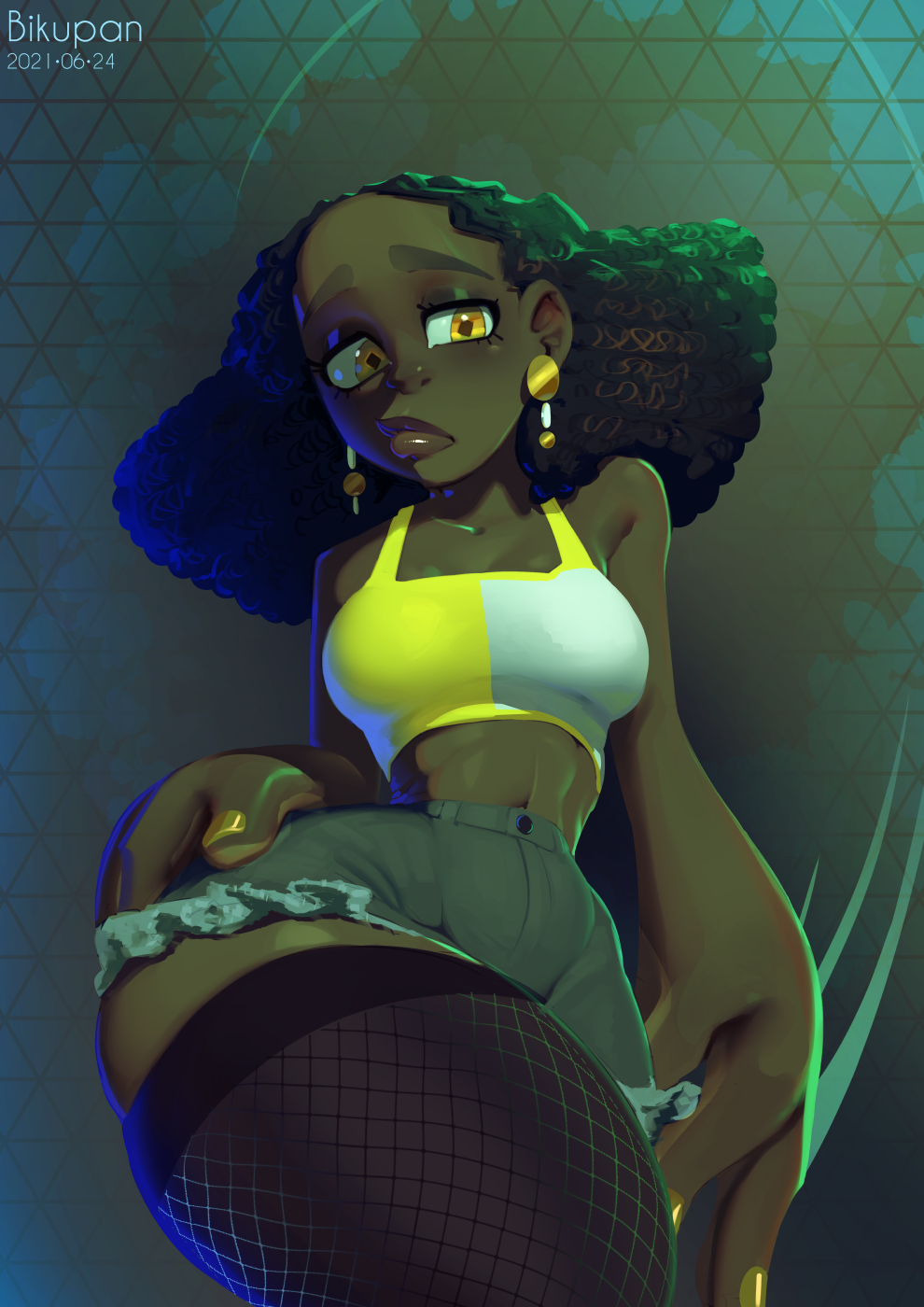 1girls afro bare_shoulders big_eyes big_forearms big_hands big_lips bikupan bottom_heavy clavicle cropped_legs dark-skinned_female dark_skin denim_shorts eyelashes female female_only fishnet_legwear front_view jean_shorts legwear midriff navel_line olive_skin pattern_background pout shorts solo stockings thick_thighs thighhighs toony wasp_waist wide_hips yellow_eyes yellow_nails