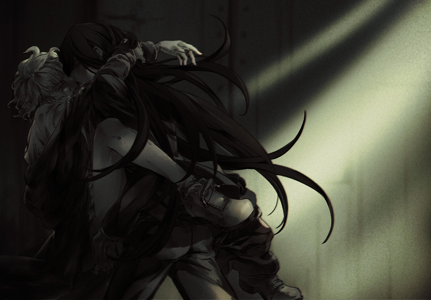 2boys, clothed sex, danganronpa, danganronpa 2: goodbye despair, gay, izuru kamukura, long hair, long-haired male, looking at another, male, male only, male penetrating, male/male, nagito komaeda, pants down, straight hair, yaoi