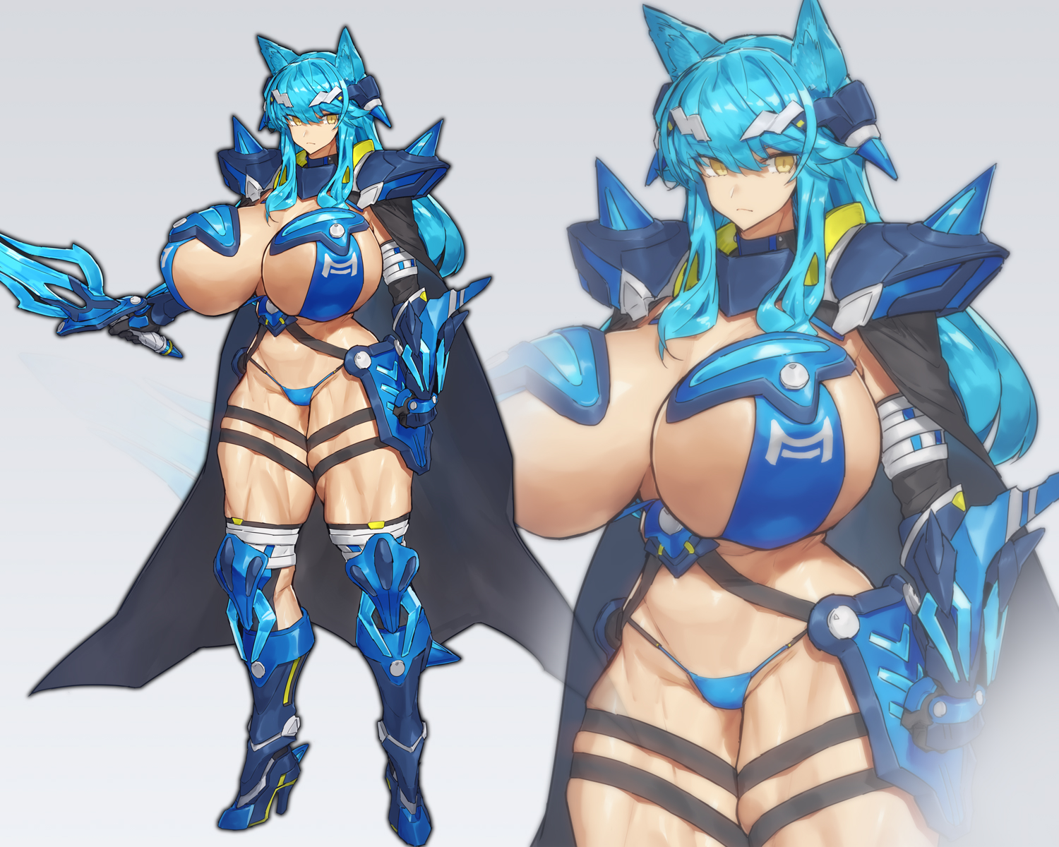 animal ears, armor, big breasts, bikini armor, blue hair, breasts, cleavage, curvy, female, huge breasts, kemonomimi, long hair, melon22, muscular, muscular female, muscular thighs, original, sword, thick thighs, thigh strap, thighhighs, weapon, yellow eyes