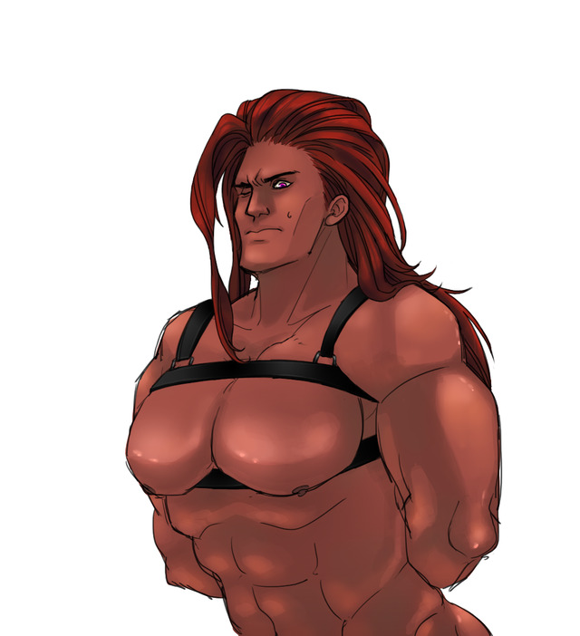 1boy arms_behind_back bara bara_tiddies bara_tits bondage bondage_gear imperium_of_man long_hair long_hair_male magnus_the_red male_focus male_solo mr101110 muscular muscular_male nipples primarch purple_eyes red_hair red_skin solo_male thousand_sons warhammer_(franchise) warhammer_40k