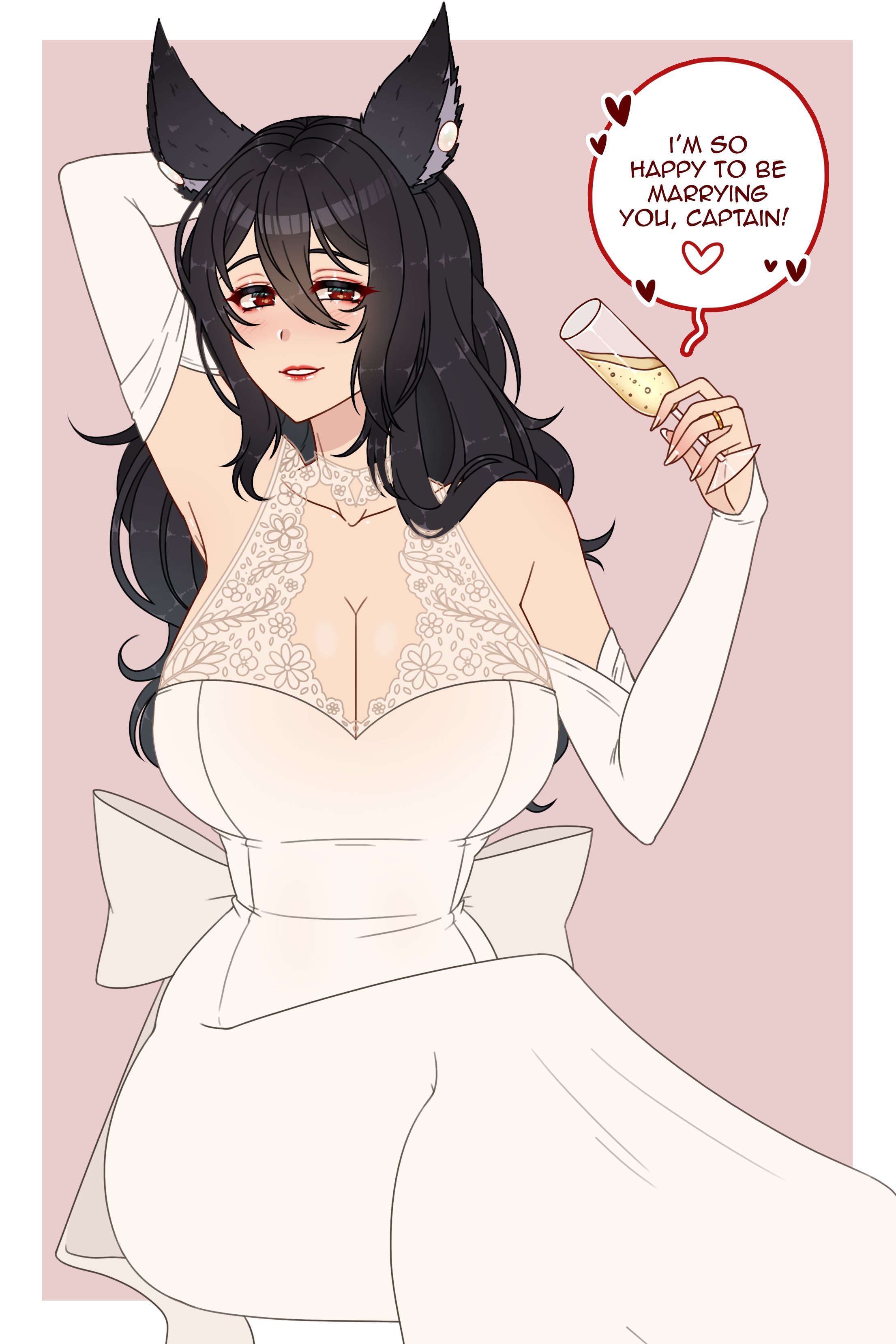 1girls, alcohol, animal ears, arm behind head, black hair, breasts, bride, cleavage, cryptid crab, detached sleeves, english text, female, glass, granblue fantasy, hair between eyes, huge breasts, ilsa (granblue fantasy), lipstick, long hair, long sleeves, looking at viewer, pov, pov eye contact, red eyes, red lipstick, ring, sitting, smile, solo, solo female, text, thick thighs, wedding dress, wedding ring, wholesome, wide hips