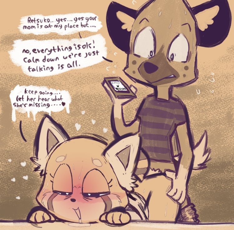 2021 age_difference aggressive_retsuko ailurid all_fours ambiguous_penetration anthro anthro_on_anthro anthro_penetrated anthro_penetrating anthro_penetrating_anthro blush bodily_fluids canaryprimary doggy_style drooling duo english_text female female_penetrated from_behind_position furry haida heart hyaenid looking_pleasured male male/female male_penetrating male_penetrating_female mammal mature_anthro mature_female penetration phone red_panda retsuko's_mother saliva sanrio sex smooth_fur spot_color spotted_hyena text