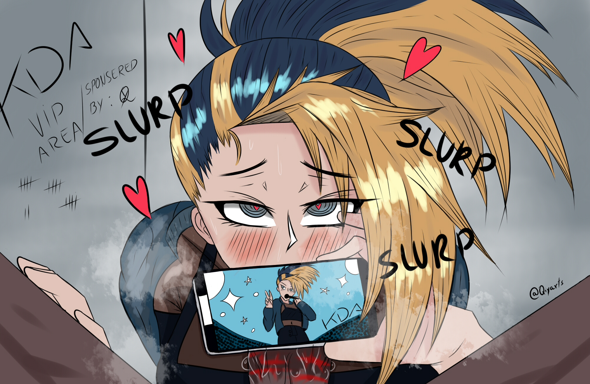 1boy, 1girls, akali, cellphone, cellphone picture, clothed female nude male, dark skin, dark-skinned male, deepthroat mark, erection, eye contact, female, from above, hands on another's thighs, hands-free, heart-shaped pupils, holding phone, interracial, k/da all out akali, k/da all out series, league of legends, lipstick mark, looking at viewer, male, nude, oral, penis, penise, petite, phone, ponytail, pov, qiyarts, red lipstick, spread legs, tagme