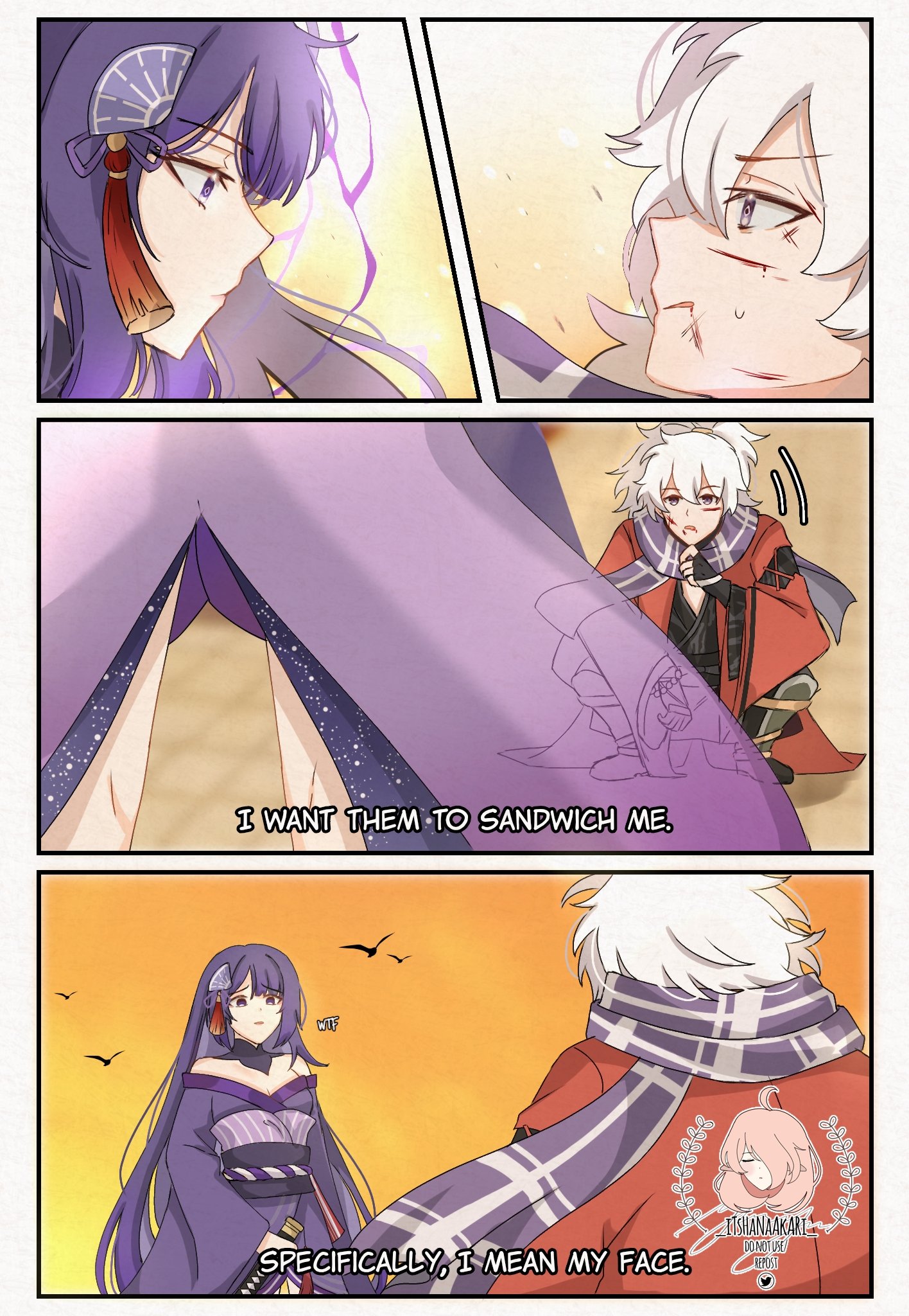 1boy, 1girls, 2021, absurd res, artist name, bare shoulders, bird, bleeding, blood, breasts, cleavage, clothed, clothing, comic, cuts, disgusted, english text, female, genshin impact, hair ornament, highres, injury, itshanaakari, japanese clothes, kimono, long hair, looking at another, looking down, looking up, male, matching hair/eyes, medium breasts, mole, mole under eye, open mouth, outdoors, parody, pervert, purple eyes, purple hair, raiden shogun, scarf, seishun buta yarou wa bunny girl senpai no yume wo minai, short hair, squatting, subtitled, text, thighs, tomo (genshin impact), very long hair, watermark, white hair