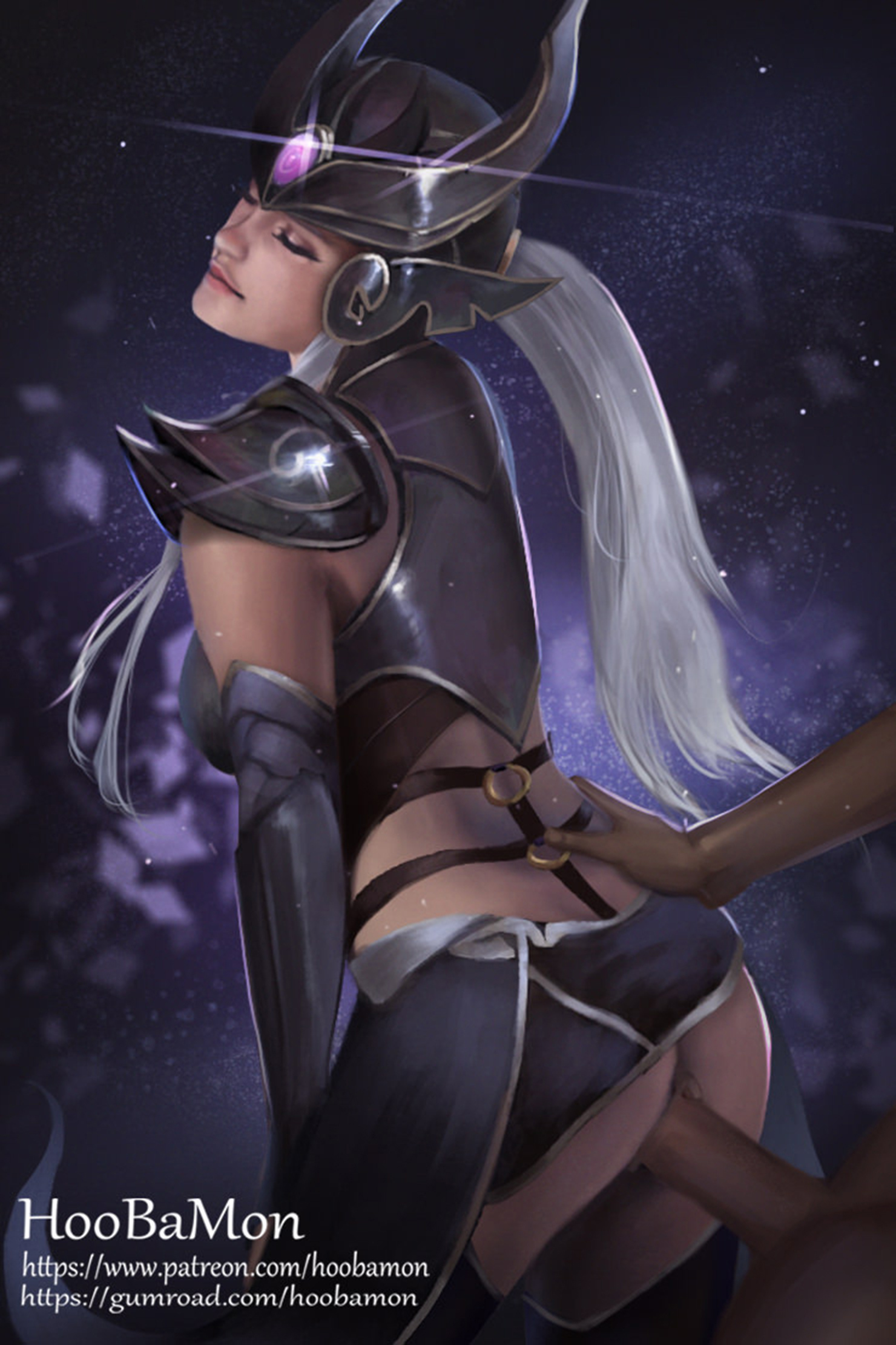 ass, breasts, closed eyes, clothed female nude male, dark skin, dark-skinned male, female, from behind, from behind position, hand on ass, hoobamon, interracial, league of legends, male, no panties, pussy, sex, standing, standing sex, syndra, vaginal penetration, white hair