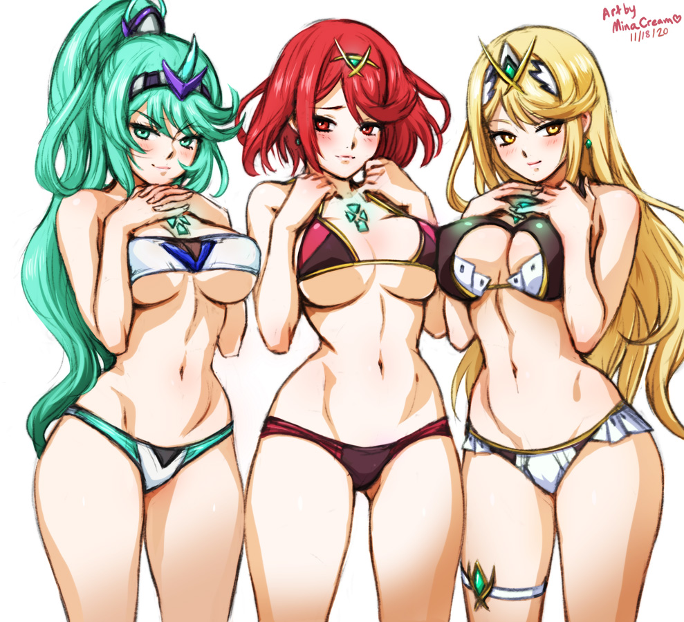 3girls alternate_costume artist_name bikini blonde_hair breasts cleavage core_crystal dated earrings green_eyes green_hair jewelry large_breasts long_hair looking_at_viewer medium_breasts minacream multiple_girls mythra nintendo pneuma ponytail pyra red_bikini red_eyes red_hair red_swimsuit short_hair smile swimsuit underboob white_background xenoblade_(series) xenoblade_chronicles_2 yellow_eyes