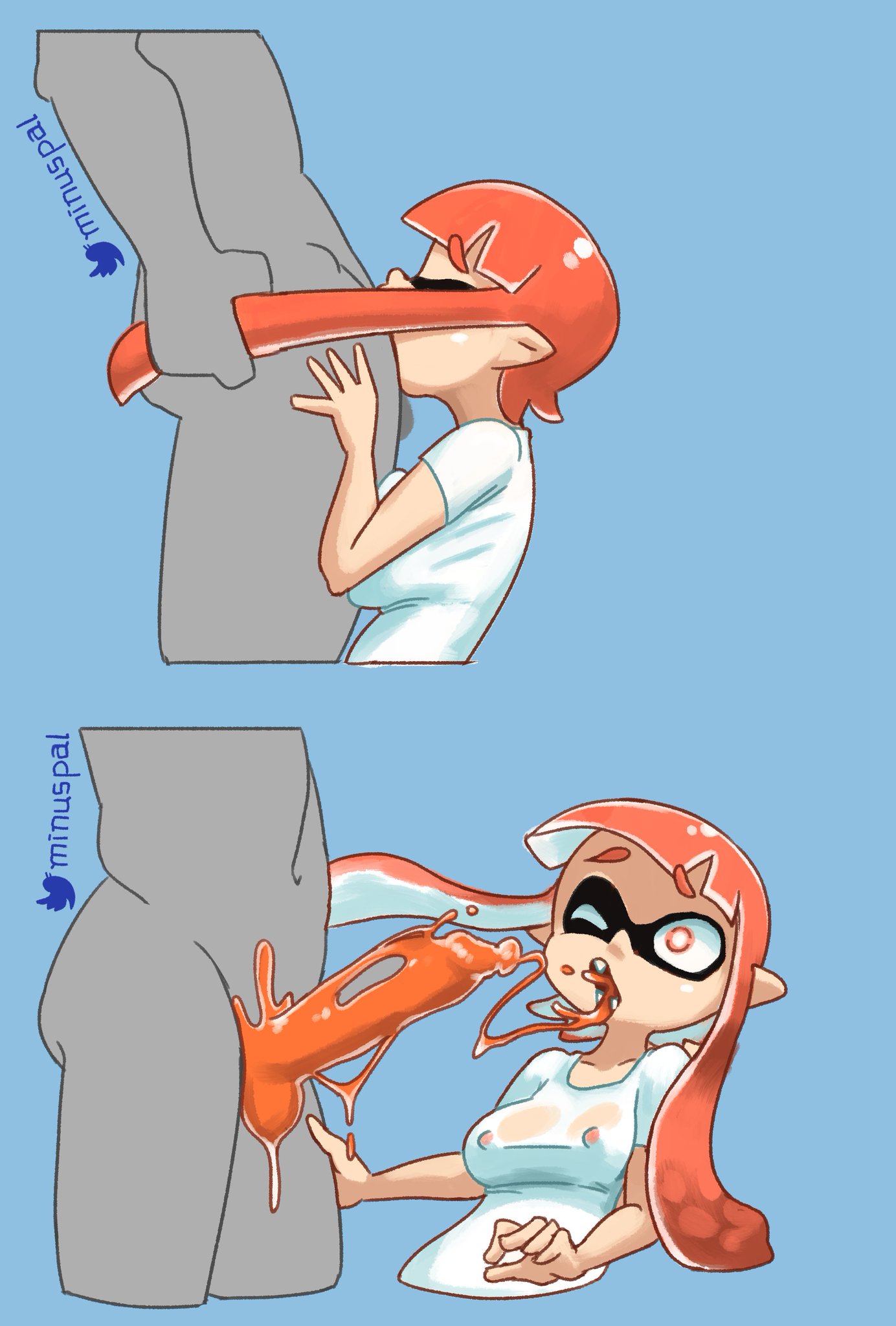 1boy, 1girls, animal humanoid, anthro, blowjob, breast squish, breasts, cephalopod, cephalopod humanoid, clothed, clothed female nude male, clothed sex, clothing, covered nipples, cum, cum in mouth, cum in throat, cum string, deepthroat, domino mask, fellatio, female, hair, hair pull, human, human penetrating, humanoid, inkling, inkling cum, inkling girl, kaori (splatoon), long ears, long hair, male, mask (marking), minus8, nintendo, nipples, nipples visible through clothing, one eye closed, oral, oral sex, orange eyes, orange hair, penis, pointy ears, pseudo hair, pulling twintails, sex, sharp teeth, splatoon, splatoon (series), squid, straight, super smash bros., tentacle, tentacle hair, tight throat, twintails, wet, wet clothes