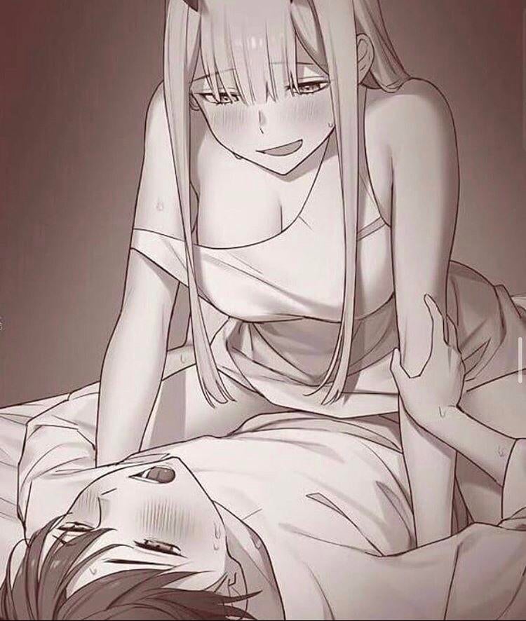 bed, blush, canon couple, clothed, clothed sex, cowgirl position, darling in the franxx, female, femdom, hiro (darling in the franxx), implied penetration, implied sex, lying on bed, seductive smile, straight, zero two (darling in the franxx)