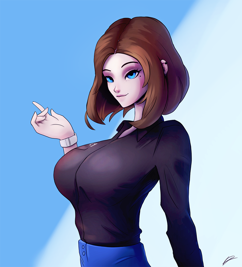 1girls 5_fingers big_breasts black_skirt blue_eyes blue_pants bracelet breasts brown_hair cleavage clothed eyelashes female female_focus female_only fully_clothed hand hotpinkevilbunny huge_breasts large_breasts mole mole_under_eye samsung samsung_sam short_hair smile smiling solo solo_female