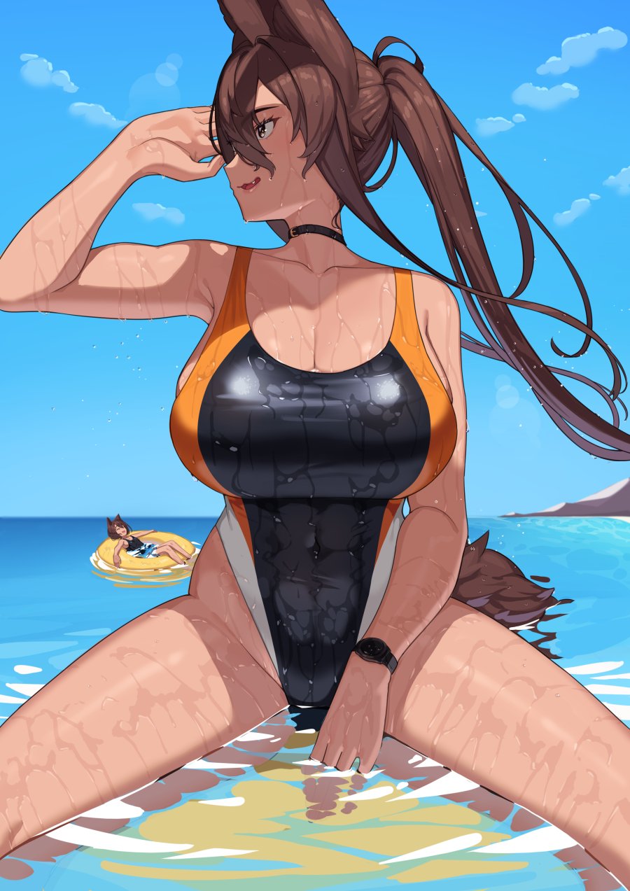 1girls breasts cleavage female fox_ears fox_girl fox_tail franham nee-san_(franham) non-nude one-piece_swimsuit solo_focus swimsuit wet wet_clothes