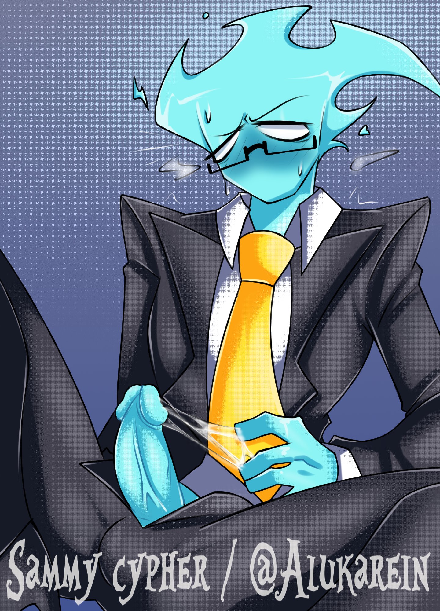 1boy, 2021, 4 fingers, abs, abstract background, absurd res, alukarein, anthro, balls, balls under clothes, blue body, blue skin, blush, blushing, bodily fluids, clothed, clothing, cum, cum on fingers, cum on penis, english text, erection, fnf entity, friday night funkin, friday night funkin mod, friday night funkin: entity, glasses, half-closed eyes, heart, looking at penis, looking down, male, male only, movement lines, penile, penis, penis out, raised leg, sitting, solazar (sugarratio), solo, solo male, text, tie, twitter username, video games, white eyes