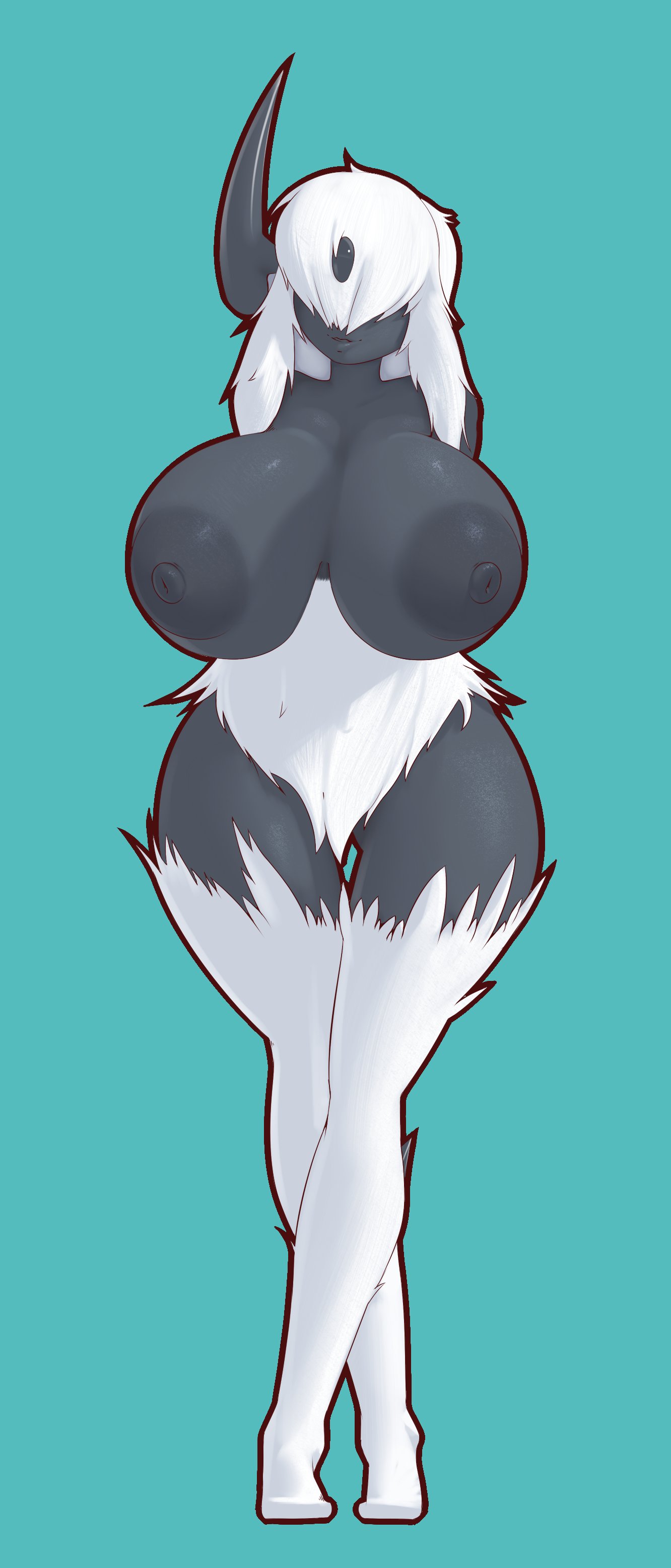 1girls, 2021, absol, anthro, areolae, big areola, big breasts, big nipples, breasts, covered eyes, dibujosv12, female, female only, hair over eyes, huge breasts, naked, nintendo, nipples, pokémon (species), pokemon, pokemon (species)