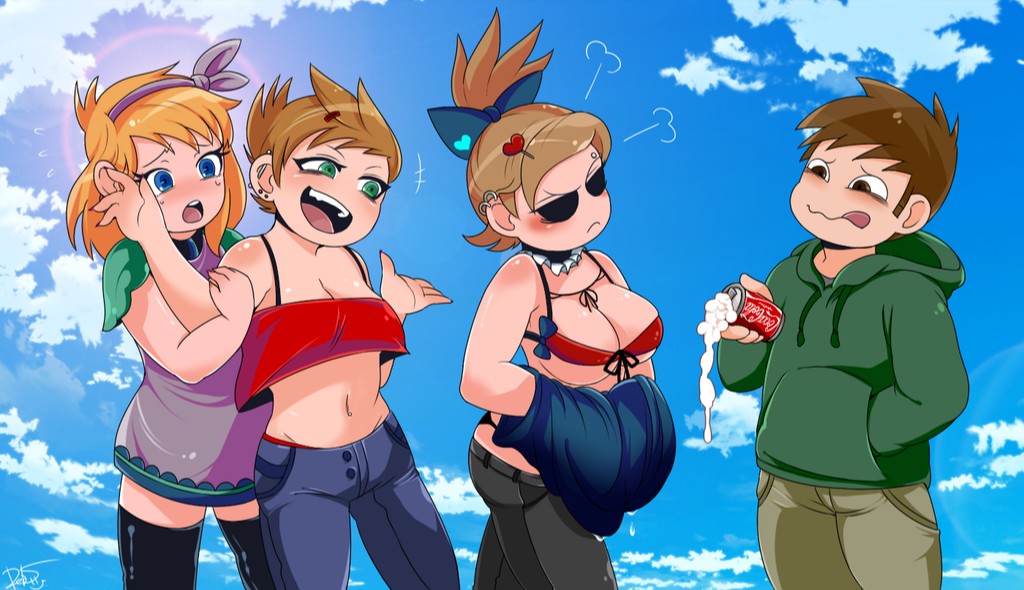 1boy 3girls bikini black_sclera blue_eyes brown_eyes brown_hair crossover dark_brown_hair edd_(eddsworld) eddsworld ellsworld ginger_hair green_eyes heart_hair_ornament matilda_(eddsworld) open_mouth pierced_ears purple_dress purple_hair_male rebe921 red_topwear rule_63 soda soda_can tamara_(eddsworld) tori_(eddsworld)