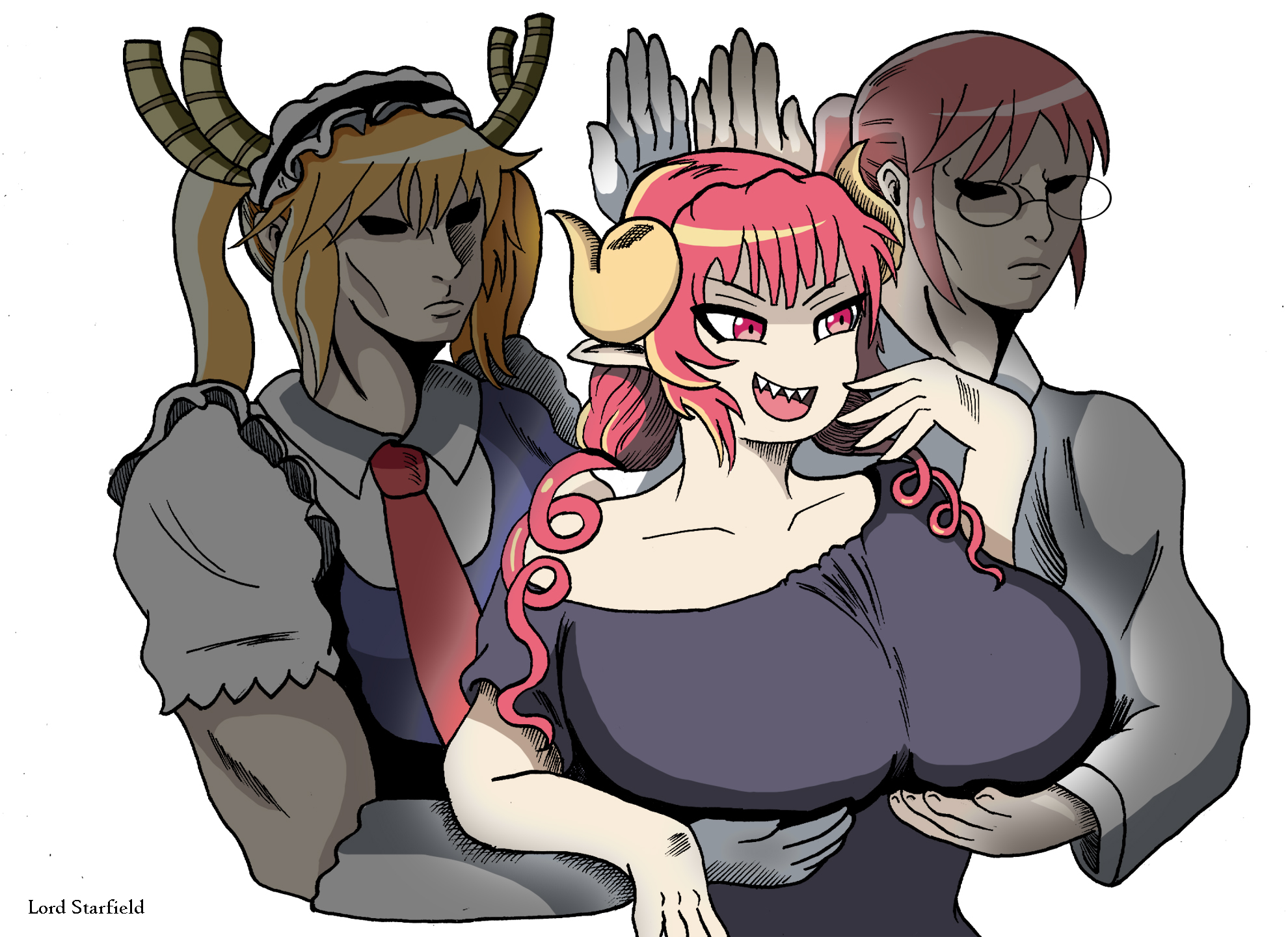 3girls, breast hold, breast support, breasts, dragon girl, female, female focus, female only, finger to face, hands under breasts, holding breast, holding up breasts, horns, huge breasts, ilulu (dragon maid), kobayashi, kobayashi-san chi no maidragon, large breasts, lord starfield, maid, meme, miss kobayashi's dragon maid, muscles, muscular, parody, pose, servants holding aphrodite's breasts (meme), tagme, tohru (dragon maid), voluptuous
