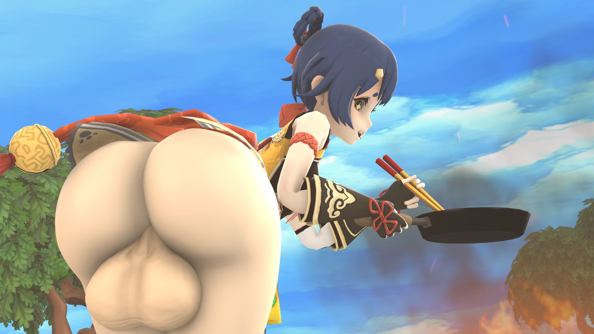 1futa, 3d, asian, ass, balls, big ass, big balls, full-package futa, futa only, futanari, genshin impact, intersex, solo, theboobedone, xiangling (genshin impact)