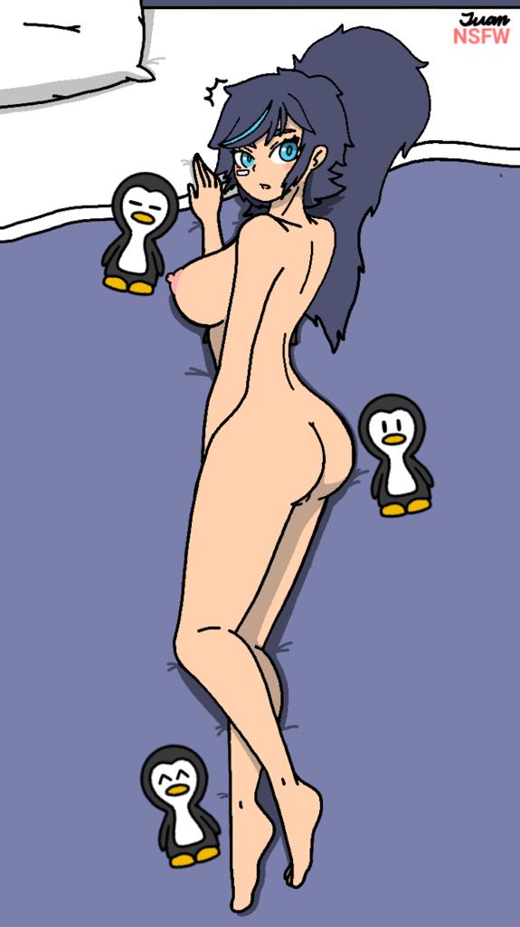 alternate_version_available asian ass bandage_on_face barefoot blush body_pillow_design curvy dark_blue_hair female kim_han_yi_(writers_crusaders) korean laying_down laying_on_bed nipples penguin plushie ponytail rear_view sideboob solo_female thick_ass thick_thighs uncensored wcjuan writers_crusaders