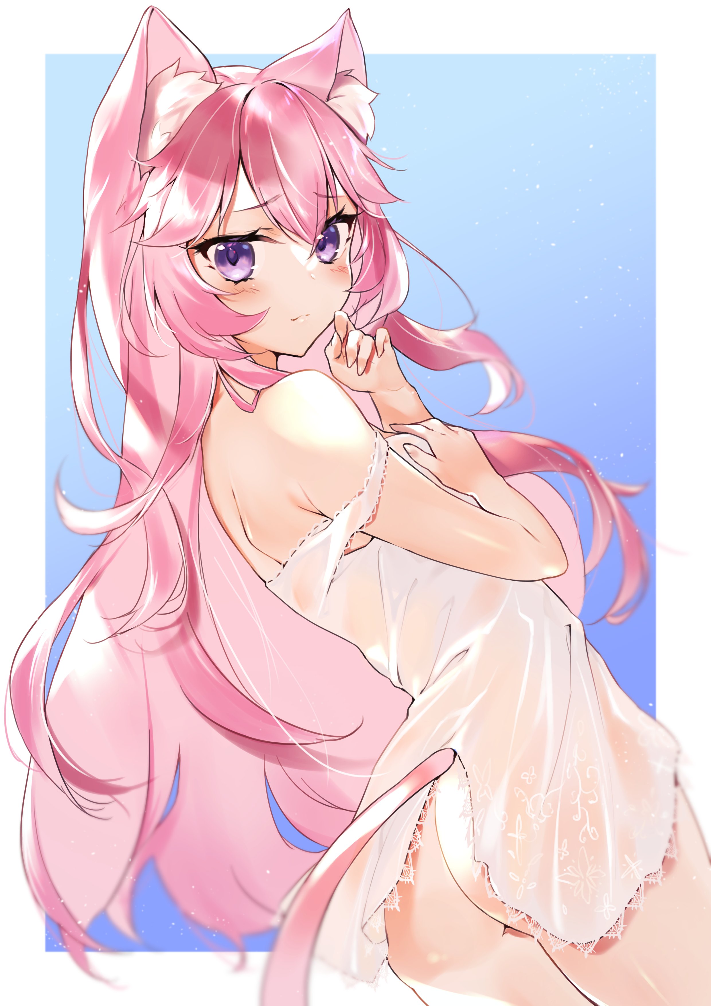 1girls, alternate costume, animal ear fluff, animal ears, ass, blue background, blurry, blush, border, breasts, cat ears, cat girl, cat tail, catgirl, covering, covering one breast, cowboy shot, depth of field, eyebrows visible through hair, female, from behind, furrowed eyebrows, hair between eyes, hand on own chest, kasumi komo, lace trim, light particles, looking at viewer, looking back, negligee, nervous, nyatasha nyanners, outside border, pink hair, pink tail, purple eyes, small breasts, solo, strap slip, tail, virtual youtuber, vshojo, white border