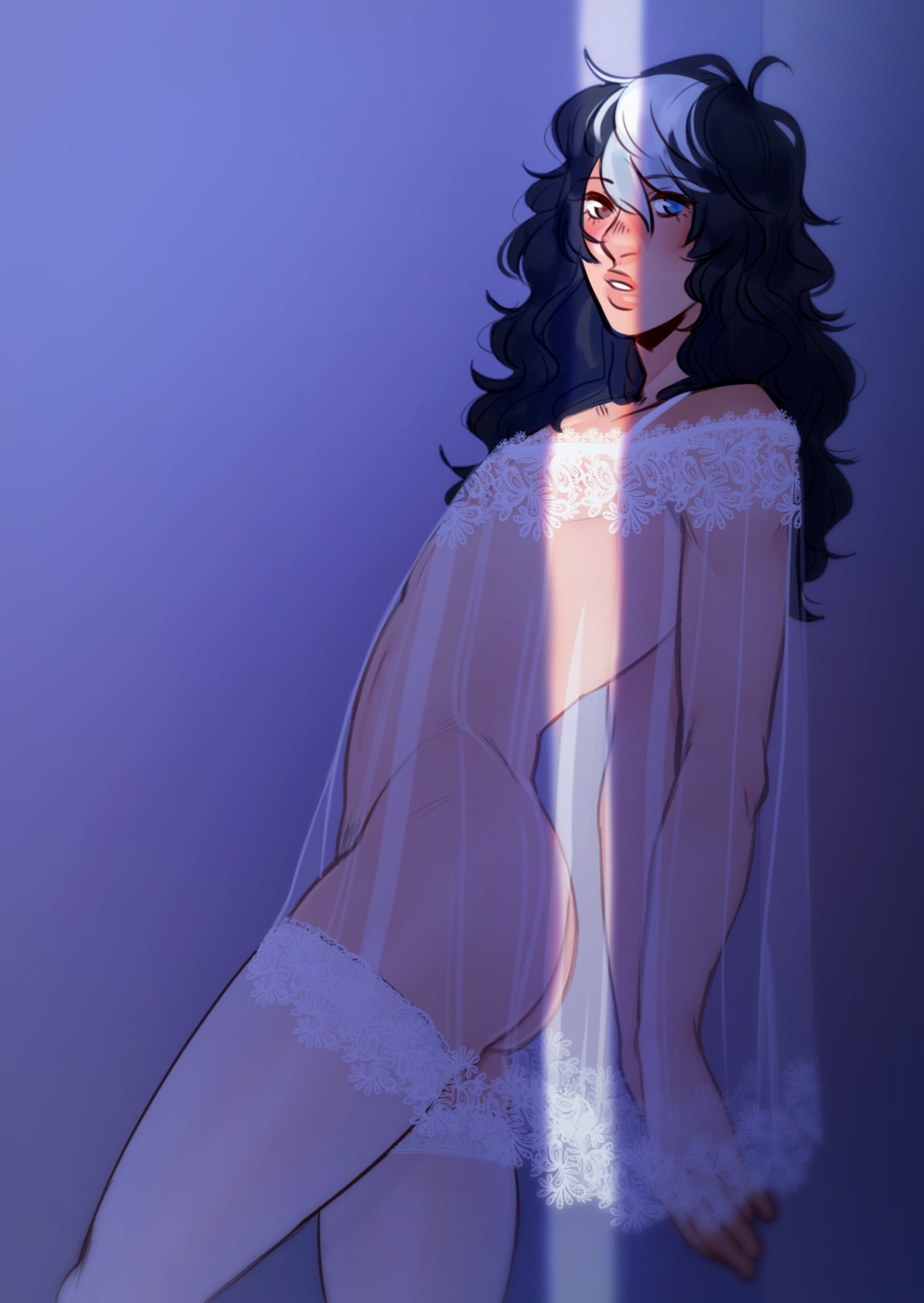 ass, black hair, camisole, femboy, fiore (triple moonbow), girly, leaning back, lingerie, long hair, looking at viewer, male, pose, see-through, shadow, simple background, solo, standing, triple moonbow