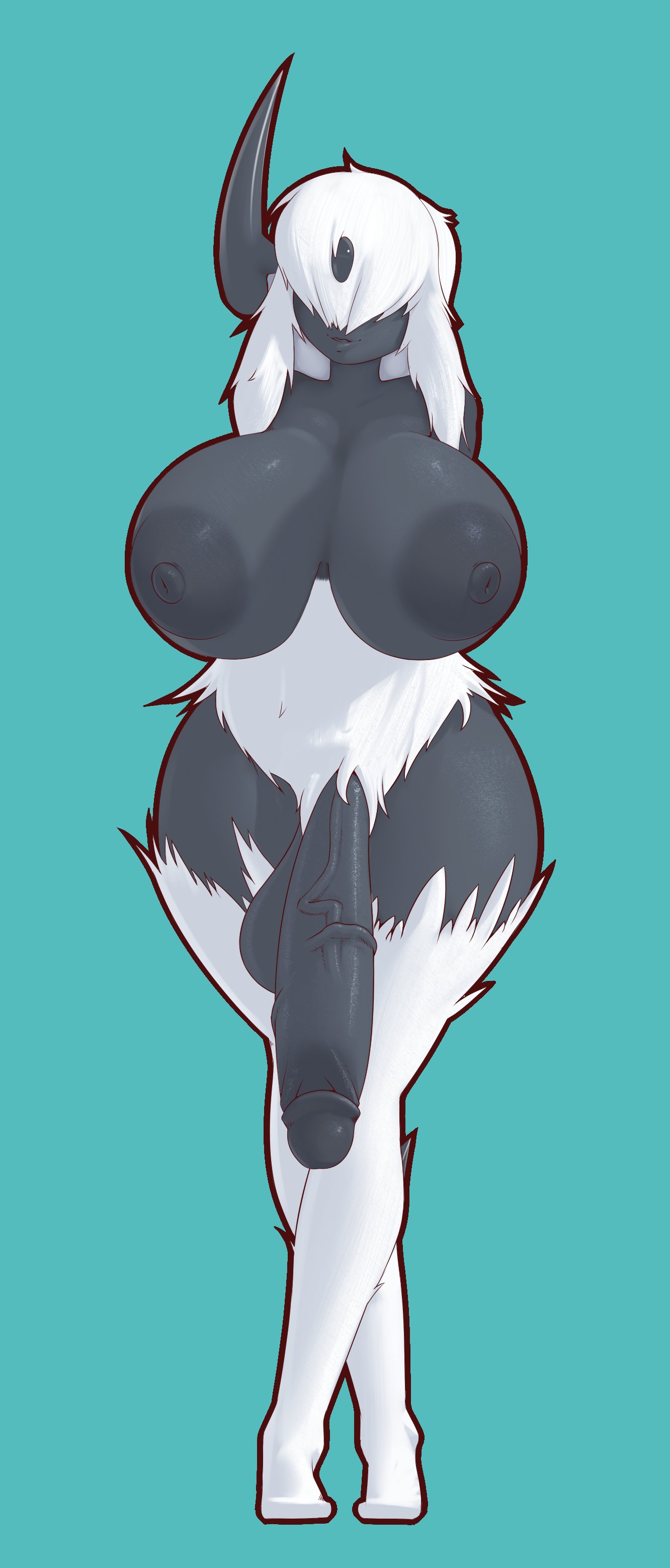 1girls, 2021, absol, anthro, areolae, big areola, big breasts, big nipples, big penis, black penis, black skin, breasts, covered eyes, dibujosv12, female, furry, futanari, hair over eyes, huge breasts, intersex, naked, nintendo, nipples, penis, pokemon, pokemon (species)