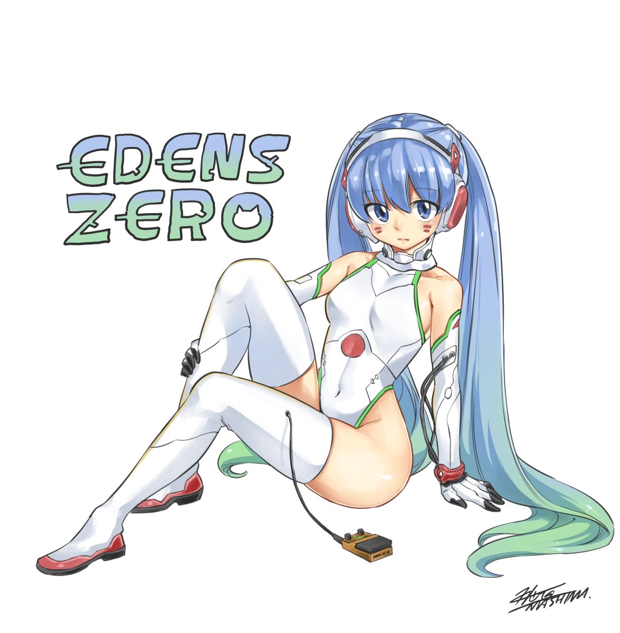 android ass blue_eyes blue_hair copyright_name edens_zero full_body green_hair hermit_mio hiro_mashima looking_at_viewer mashima_hiro robot robot_girl sideboob simple_background sitting thick_thighs thighhighs thighs twintails