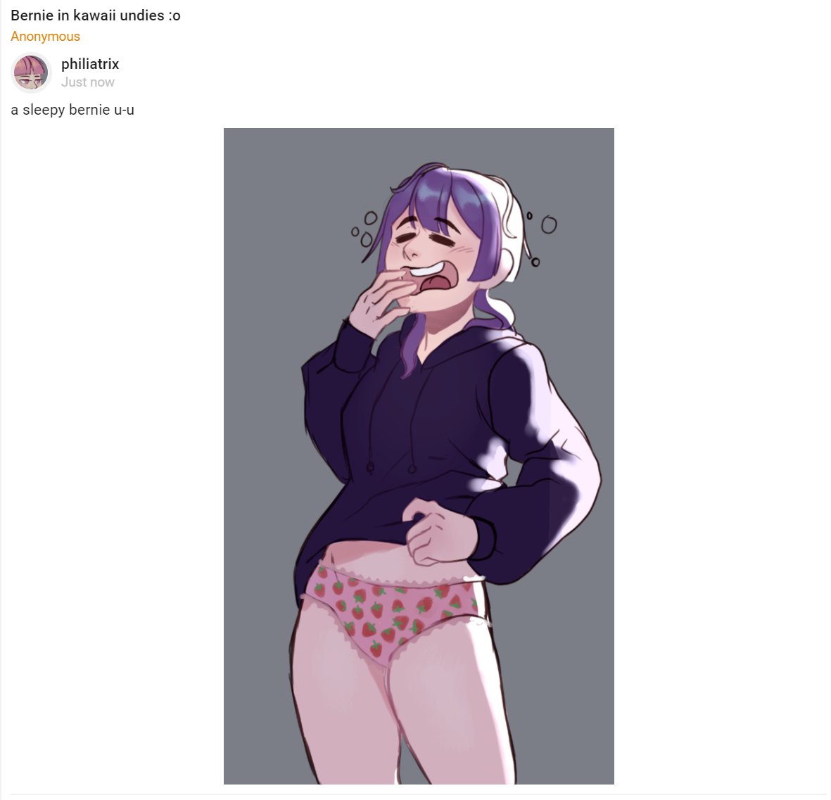 1girls ask_blog bernadetta_von_varley clothed clothing english_text female female_only fire_emblem fire_emblem:_three_houses human light-skinned_female light_skin nintendo pale_skin panties partially_clothed philiatrix post-timeskip purple_hair short_hair sleepy strawberry_panties sweater text waking_up yawning