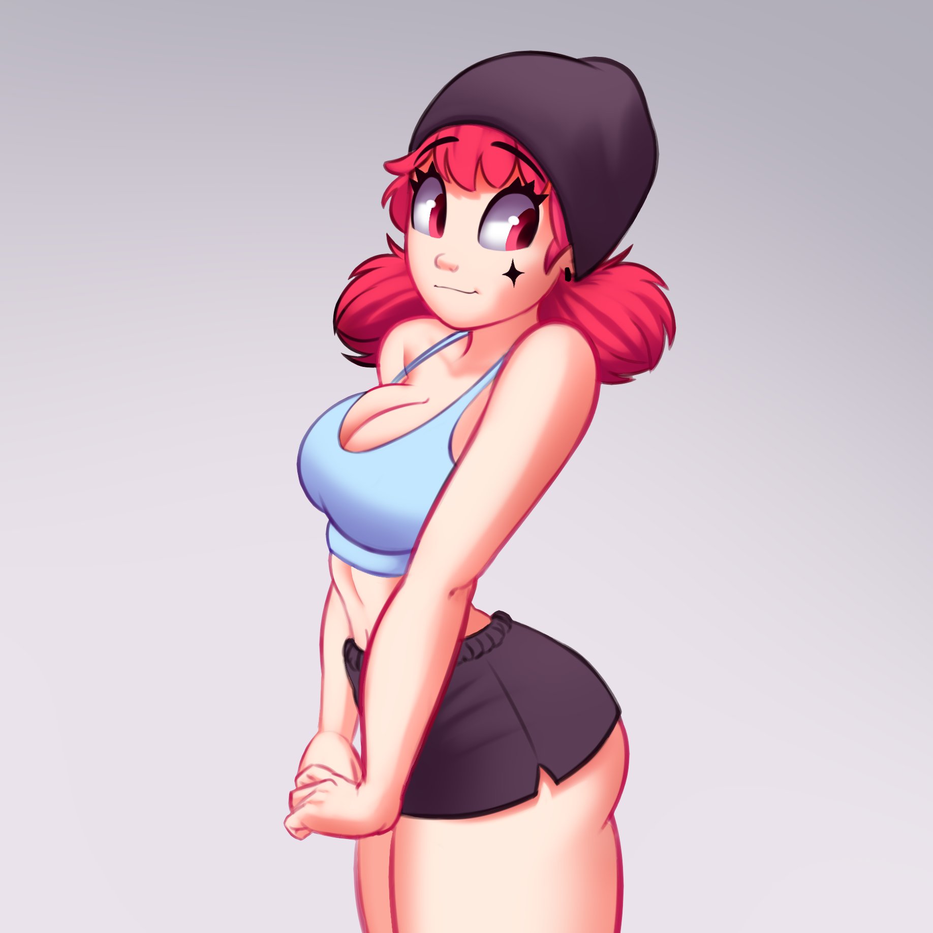 ass, breasts, cute, female, female only, looking back, original, red eyes, red hair, saymanart, simple background, smile, vinyl (saymanart)