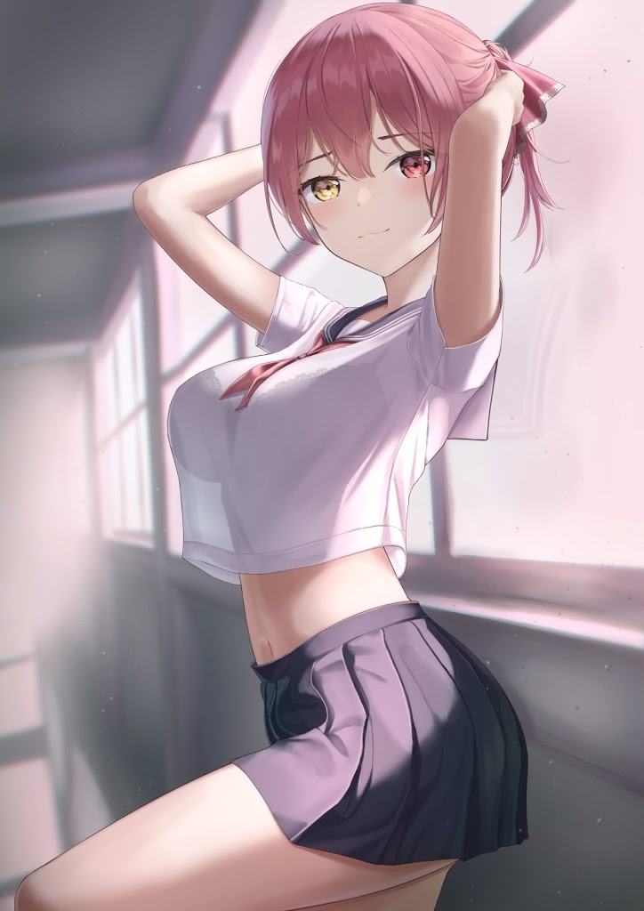 1girls, big breasts, bra visible through clothes, breasts, female, hololive, hololive fantasy, hololive japan, houshou marine, red eyes, red hair, school uniform, schoolgirl, virtual youtuber, yellow eyes