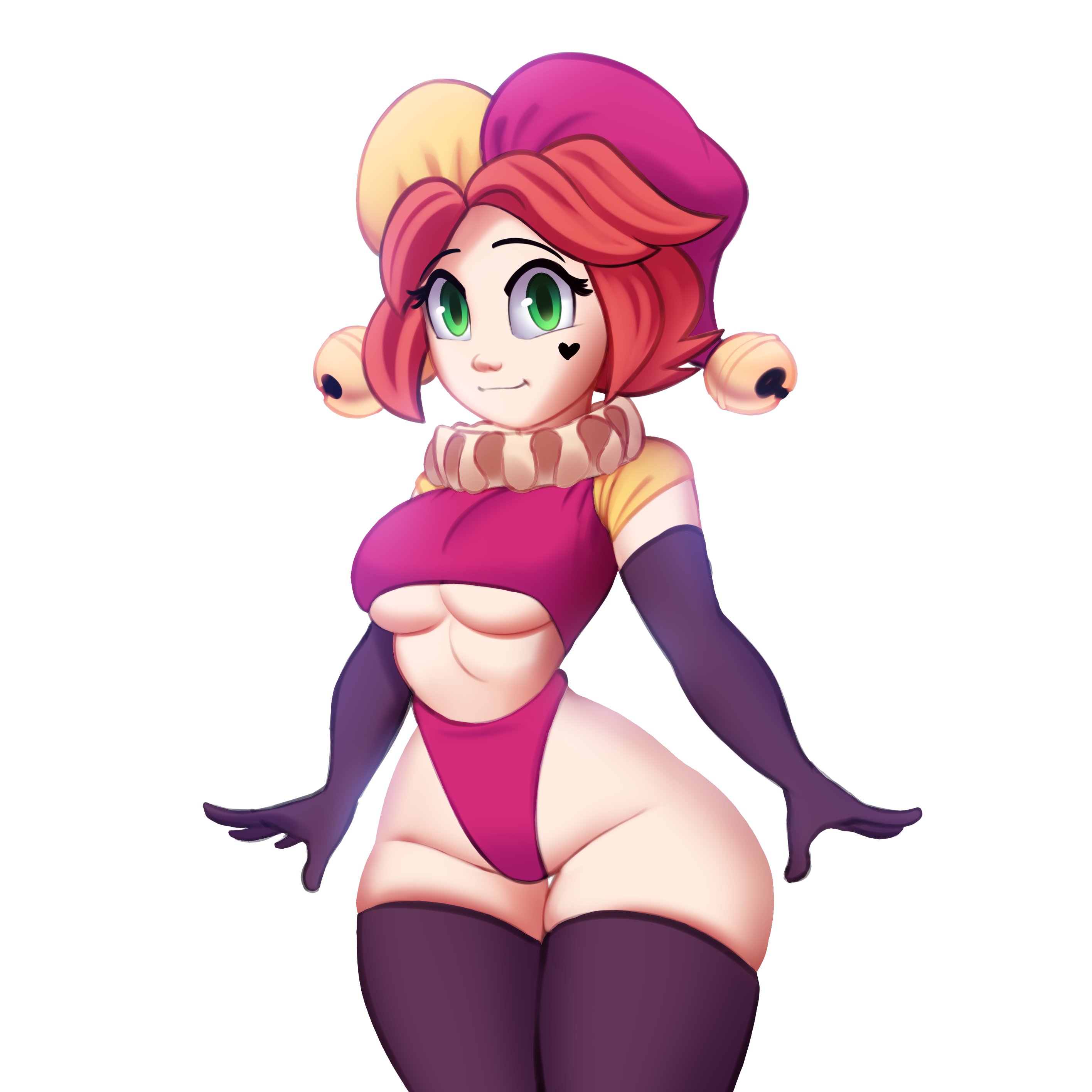 1girls, black gloves, black legwear, breasts, crop top, dorotio, dorotio (shunoox), elbow gloves, female, female focus, female only, gloves, green eyes, heart, jester, jester cap, jester girl, jester outfit, looking at viewer, red hair, saymanart, smile, solo, stockings, thighhighs, thighs, underboob, white background