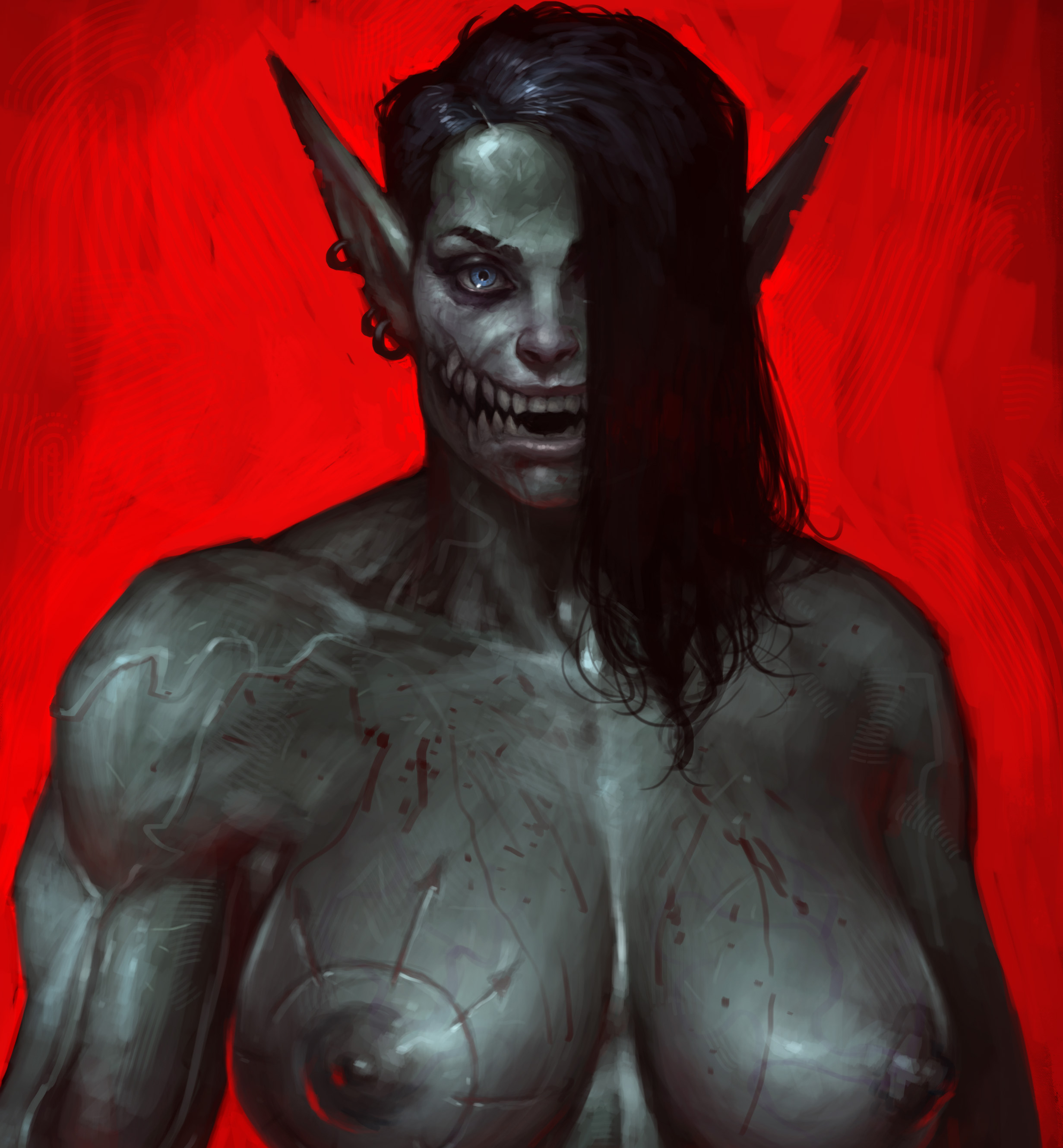 1girls, abs, areolae, athletic, athletic female, big breasts, blood, blood stain, blue eyes, breasts, busty, chaos (warhammer), chaos cultist, chaos elf, creepy, dark, dark elf, dark nipples, ear piercing, elf, fantasy, female, female only, fit, fit female, horror, justsomenoob, large breasts, looking at viewer, muscles, muscular, muscular female, naked, nipples, nude, oc, original, original character, sharp teeth, solo, solo female, strong, thick, upper body, veins, veiny, veiny muscles, warhammer (franchise), warhammer 40k
