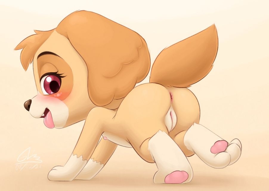 all_fours anus ass blush canid canine canis cockapoo cub domestic_dog female feral flat_chested gatomonlover genitals humanoid_genitalia humanoid_pussy mammal mixed_breed nipples nude paw_patrol pussy rear_view skye_(paw_patrol) solo tongue tongue_out young