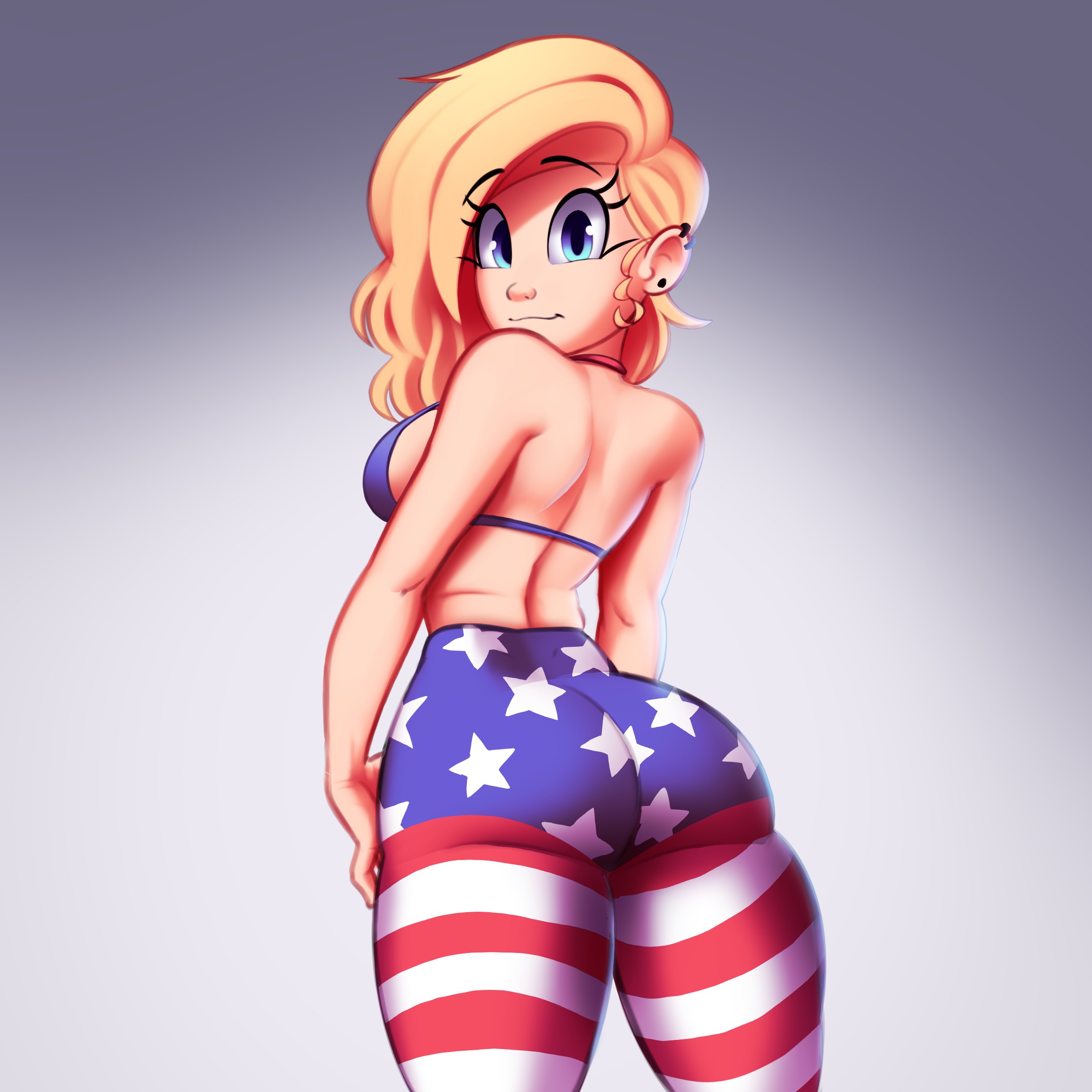 ass, blonde hair, blue eyes, bra, cassidy (saymanart), cute, looking back, original, saymanart, smile