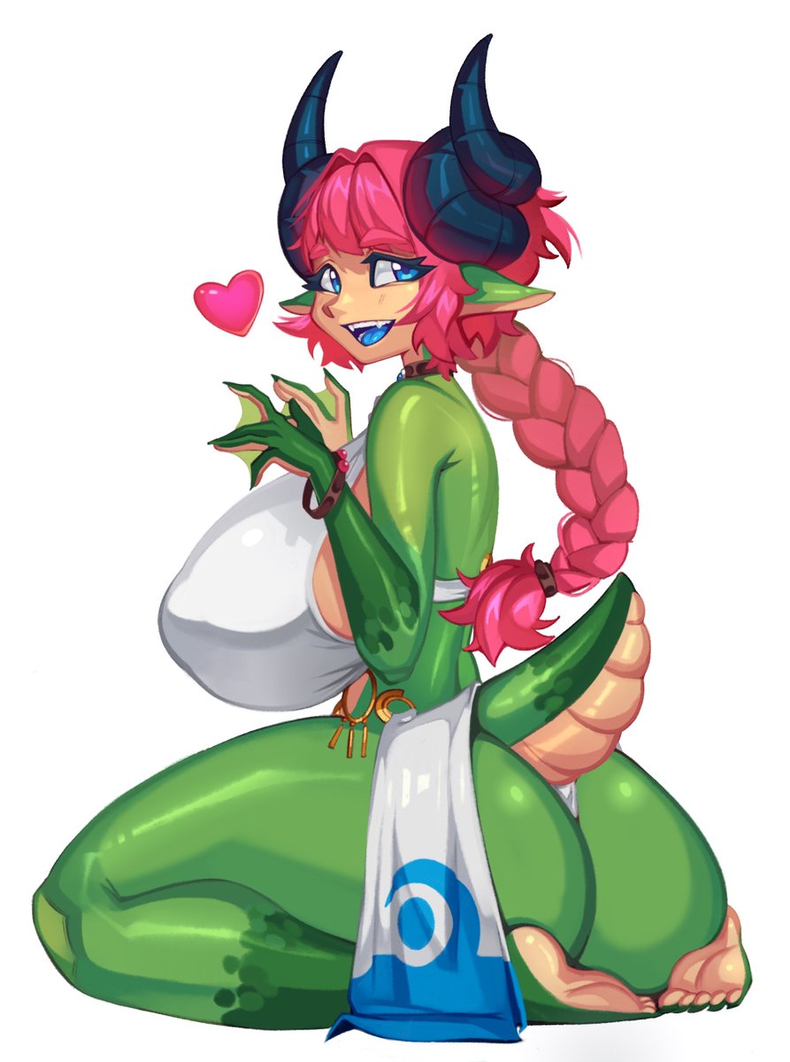 1girls, anthro, ass, big breasts, blue eyes, blue tongue, bracelet, braid, breasts, curved horns, dragon, dragon girl, dragon horns, dragon tail, female, female only, green skin, heart, horns, kerosundae, kneeling, long hair, looking at viewer, nina (eigaka), nipple bulge, open mouth, pink hair, pointy ears, solo, solo female, tail, thick thighs, webbed hands, white background