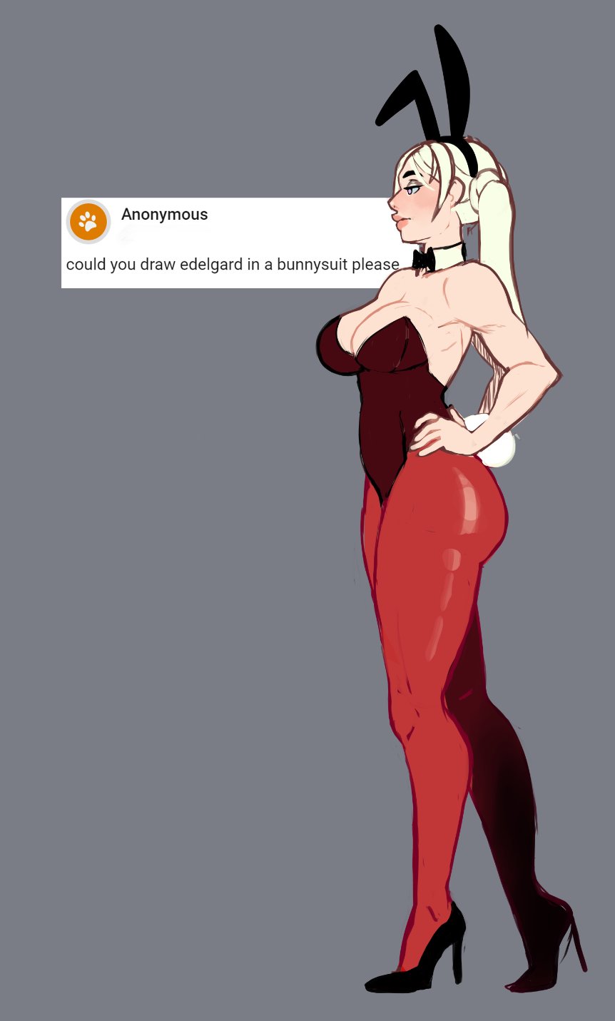 1girls, alternate costume, ask blog, bunny ears, bunny girl, bunnysuit, edelgard von hresvelg, english text, female, female only, fire emblem, fire emblem: three houses, high heels, looking down, nintendo, philiatrix, solo, text, white hair