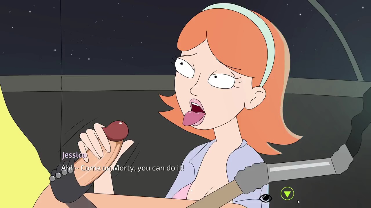 1boy, 1girls, awaiting cum, big penis, encouragement, female, ferdafs, hairband, handjob, imminent cumshot, imminent facial, jessica (rick and morty), lips, lipstick, long hair, looking at another, male, morty smith, open mouth, orange hair, penis, rick and morty, rick and morty: a way back home, robot humanoid, tongue, tongue out, unbuttoned shirt, unseen male face, vehicle