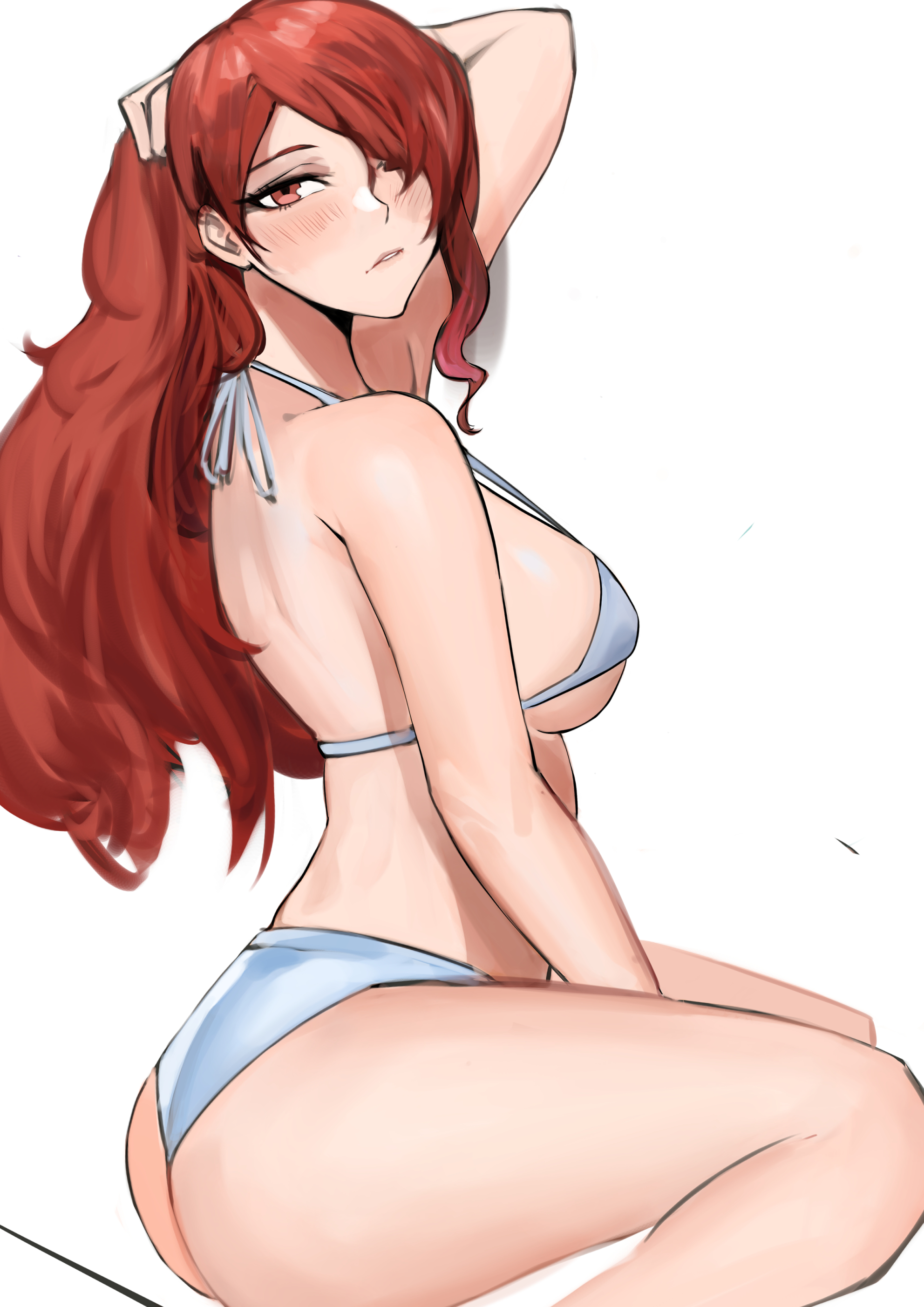ass, big ass, big breasts, blue bra, blush, breasts, female, hand on head, long hair, looking at viewer, mitsuru kirijo, nero watch, persona, persona 3, red eyes, red hair, simple background, white background