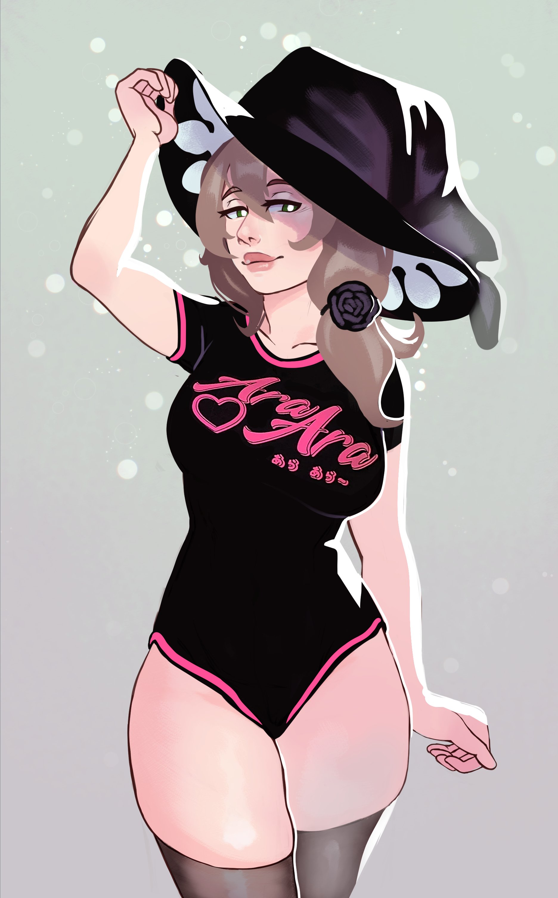 ara ara, brown hair, female, female only, genshin impact, lisa (genshin impact), looking at viewer, mature female, milf, mommy, philiatrix, side ponytail, smirk, solo female, text on clothing, witch, witch hat